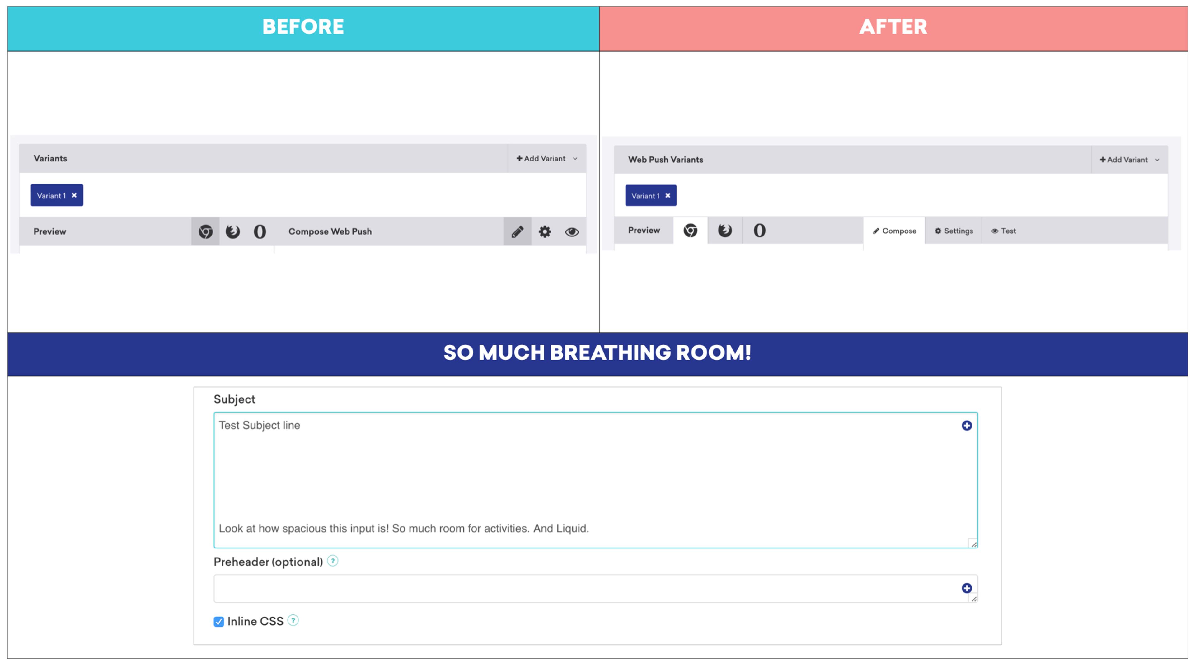 A comparison of two user interface designs labeled "Before" and "After." The "After" section features a more spacious layout with a highlighted text area for the subject line.