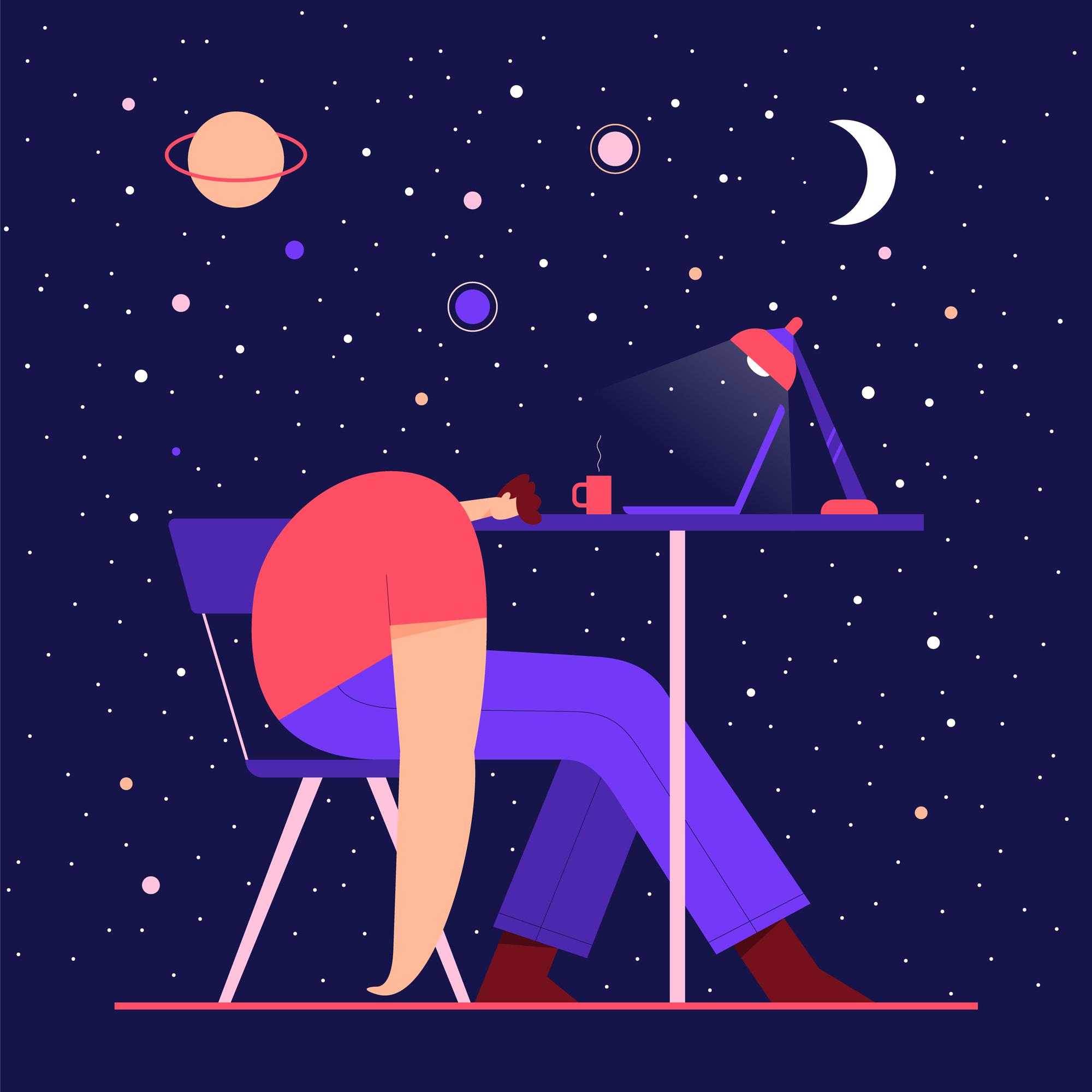 宇宙の背景の中で、机に頭を伏せている人のイラスト。横にはコーヒーカップとデスクランプがあります。