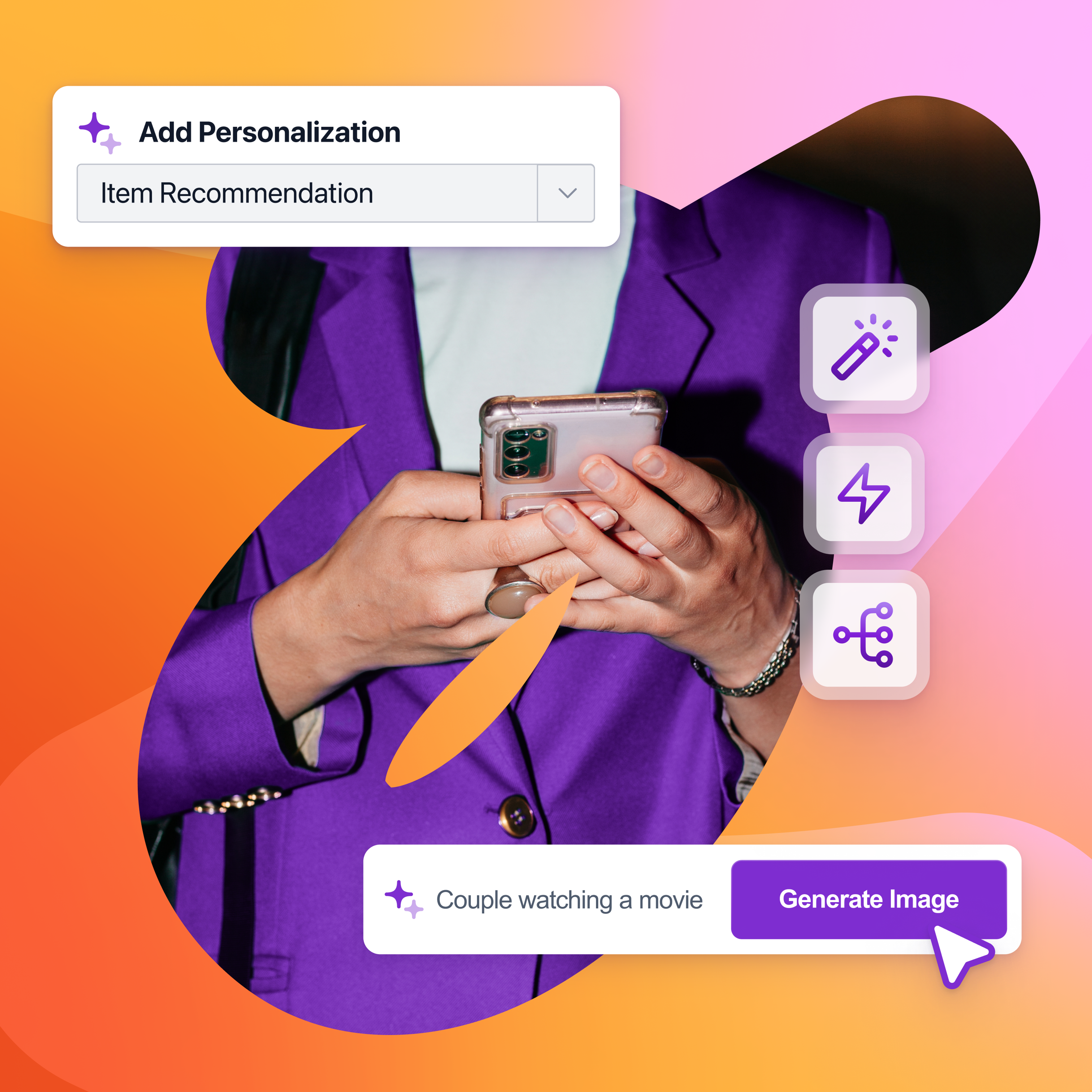 Mãos segurando um smartphone com sobreposições de uma interface de personalização e geração de imagens por IA.