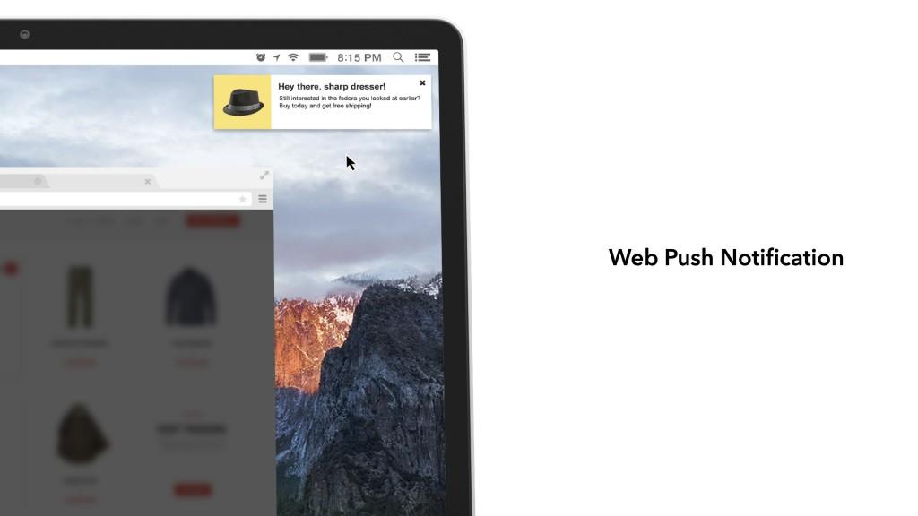 A web push notification appears on a laptop screen, prompting the user with a message about dressing sharp. The notification is positioned above a blurred shopping website.