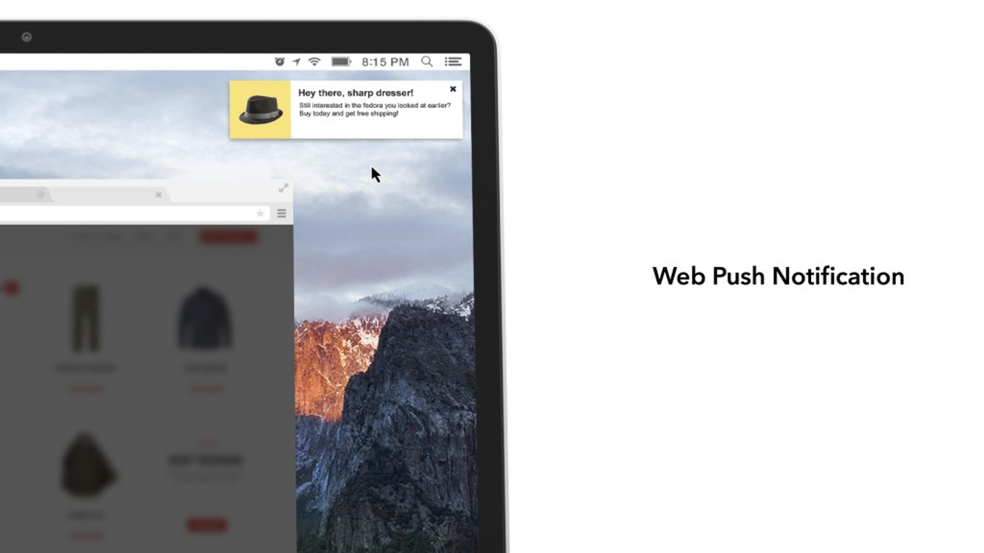 A web push notification appears on a laptop screen, prompting the user with a message about dressing sharp. The notification is positioned above a blurred shopping website.