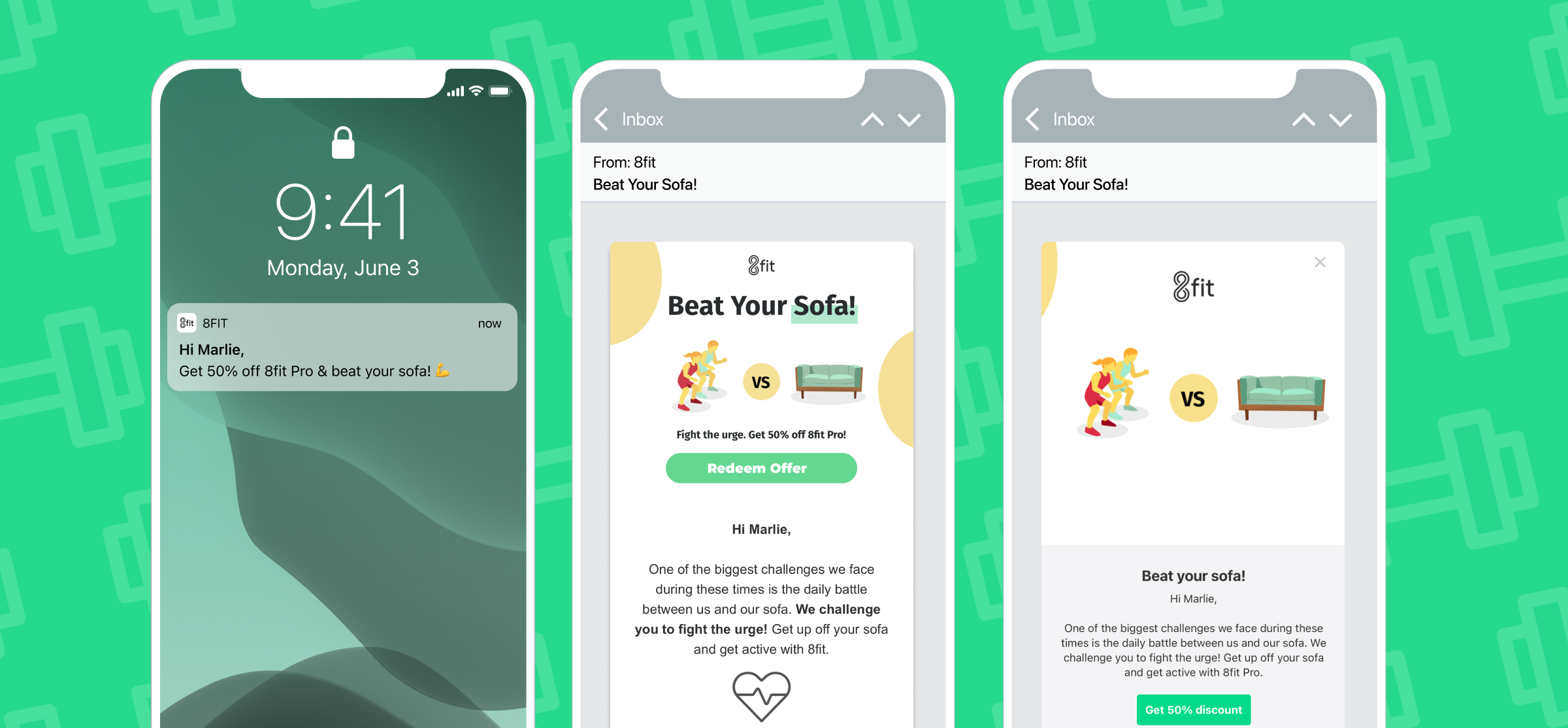A smartphone screen displaying a notification about a 50% discount offer from 8fit. Two additional screens show an email promoting a challenge to "Beat Your Sofa!" with a call to action to redeem the offer.