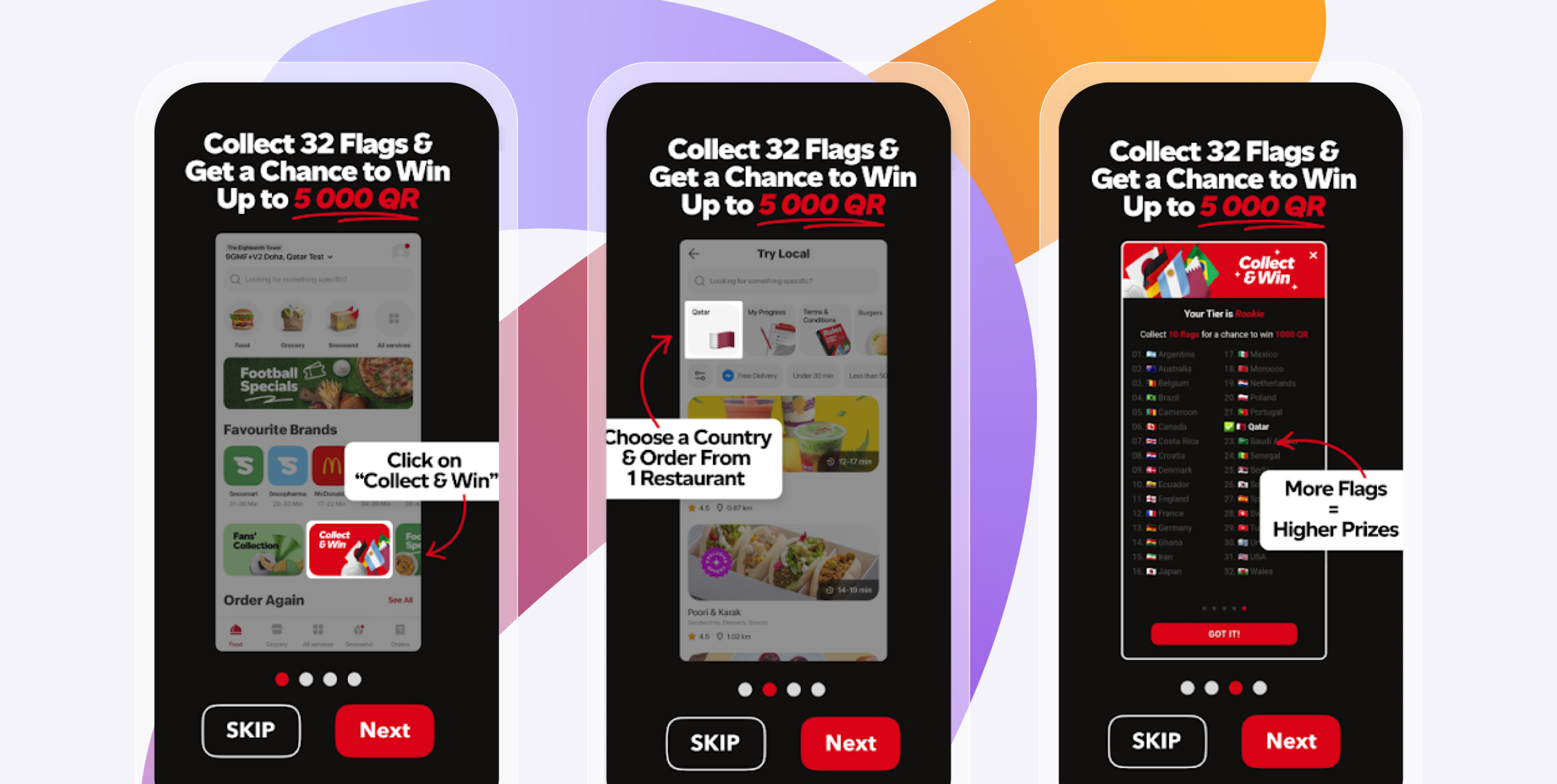 Three phone screens illustrate an app promotion to collect 32 flags by ordering from countries for a chance to win up to 5000 QR.