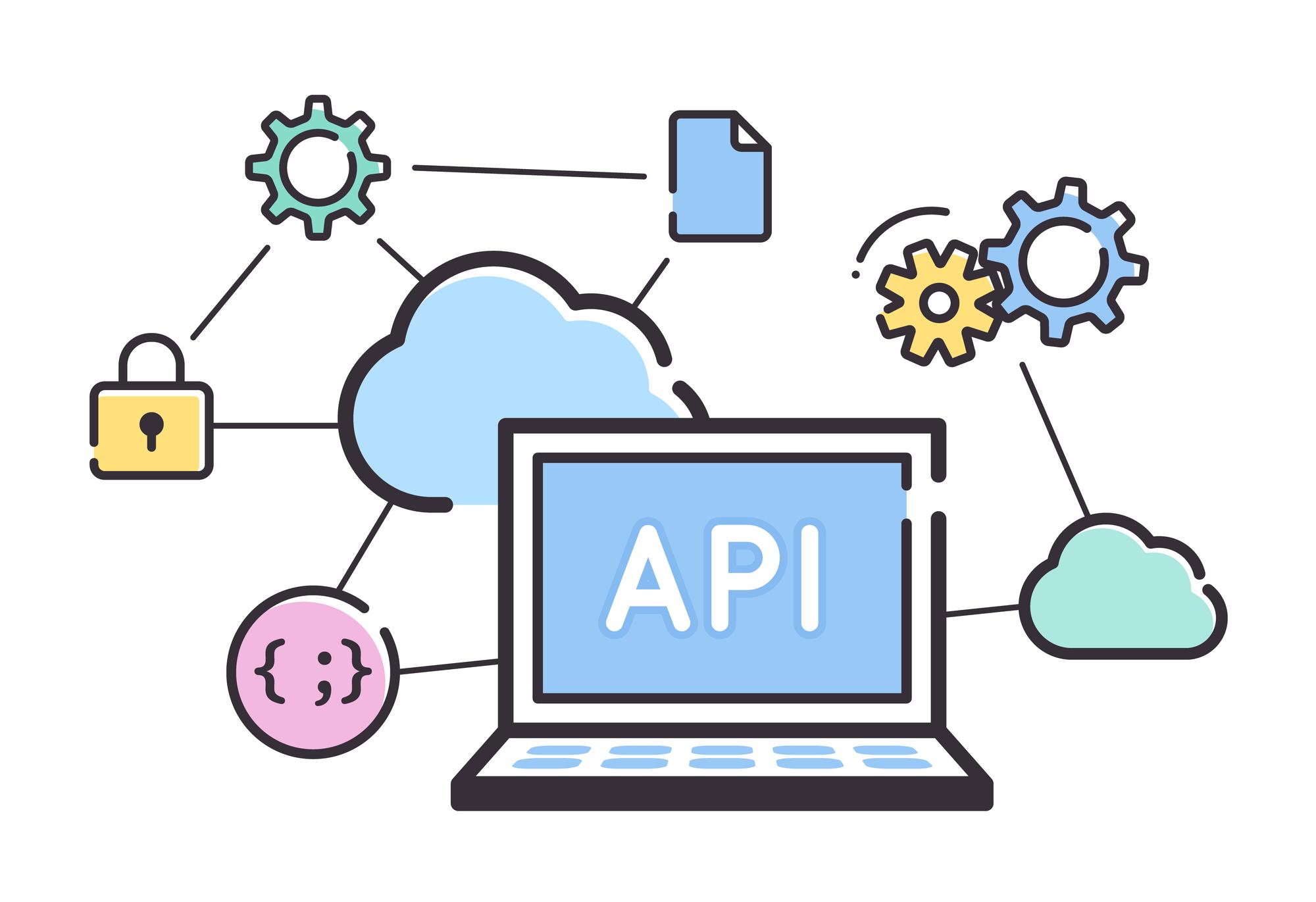 a laptop computer with the word api on the screen surrounded by gears and clouds .