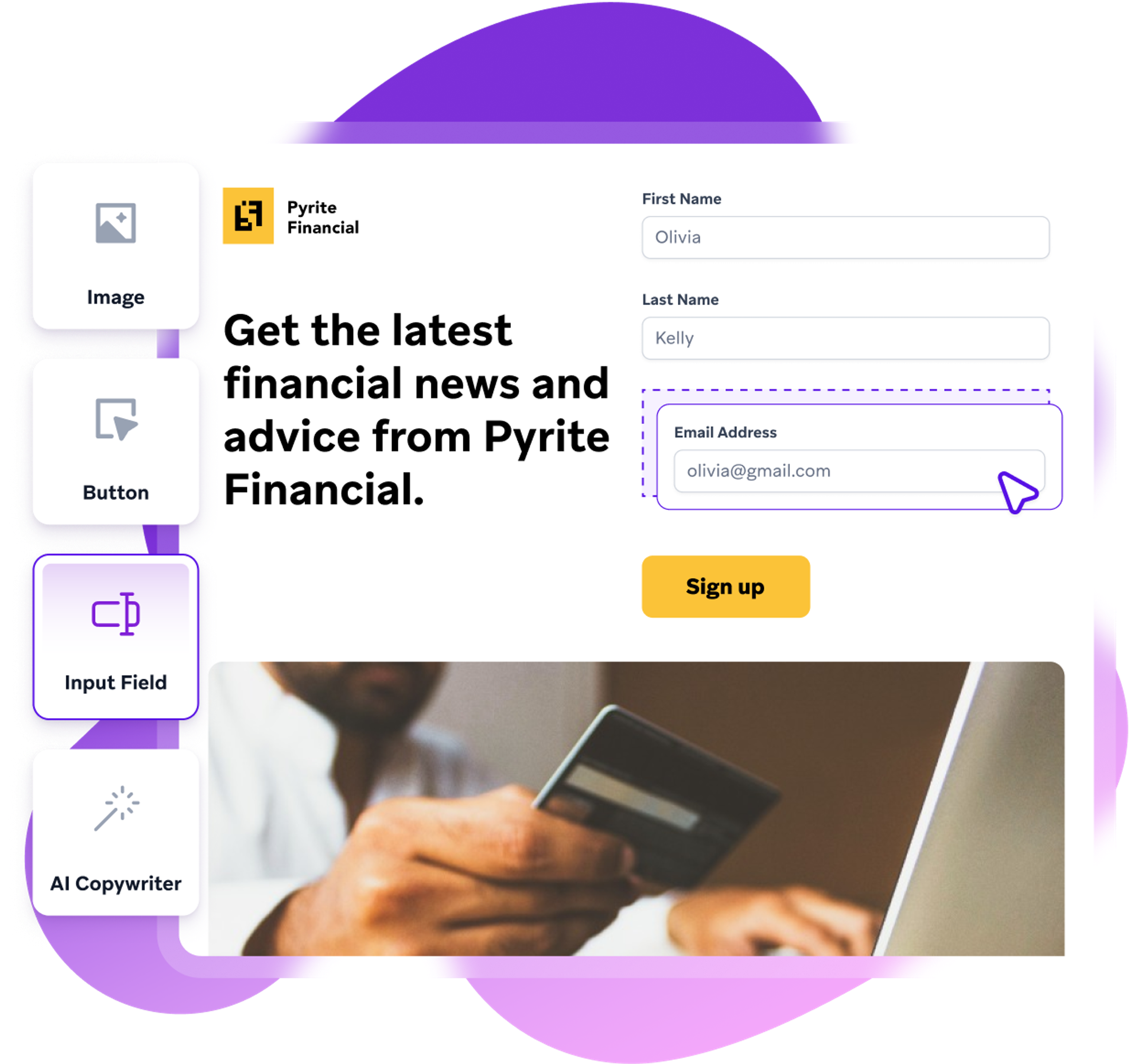 a sign up page for pyrite financial shows a man holding a credit card