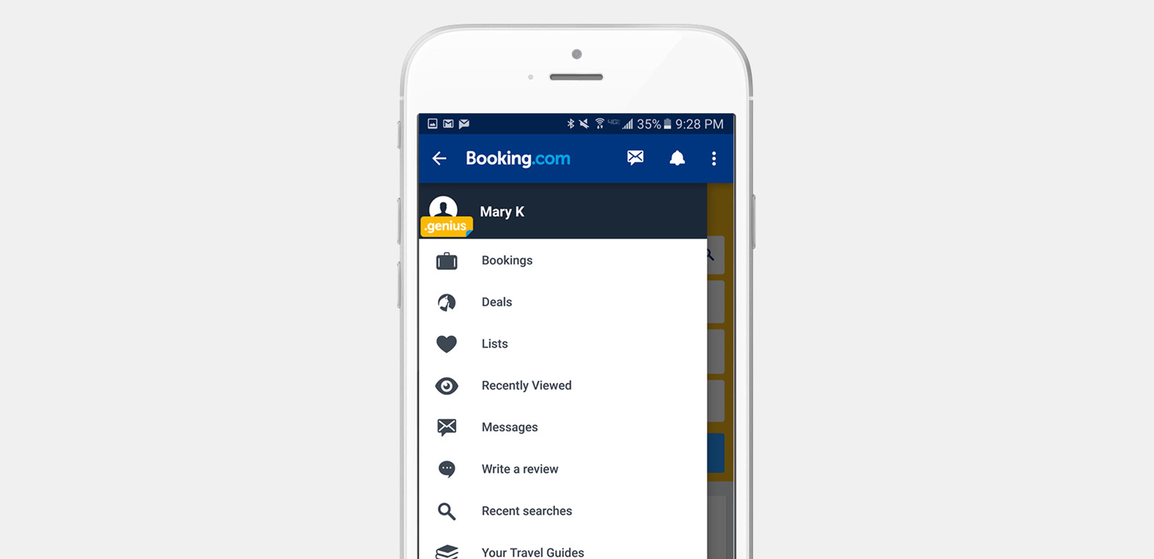 A smartphone screen displaying the Booking.com app with a menu open, showing options like Bookings, Deals, Lists, and Messages.