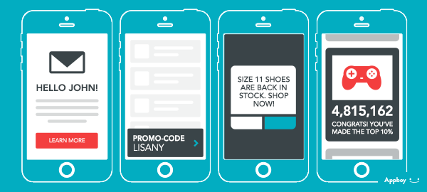 Four smartphone screens displaying various notifications: a greeting message, a promo code, a stock alert for shoes, and a congratulatory message about ranking in the top 10%.