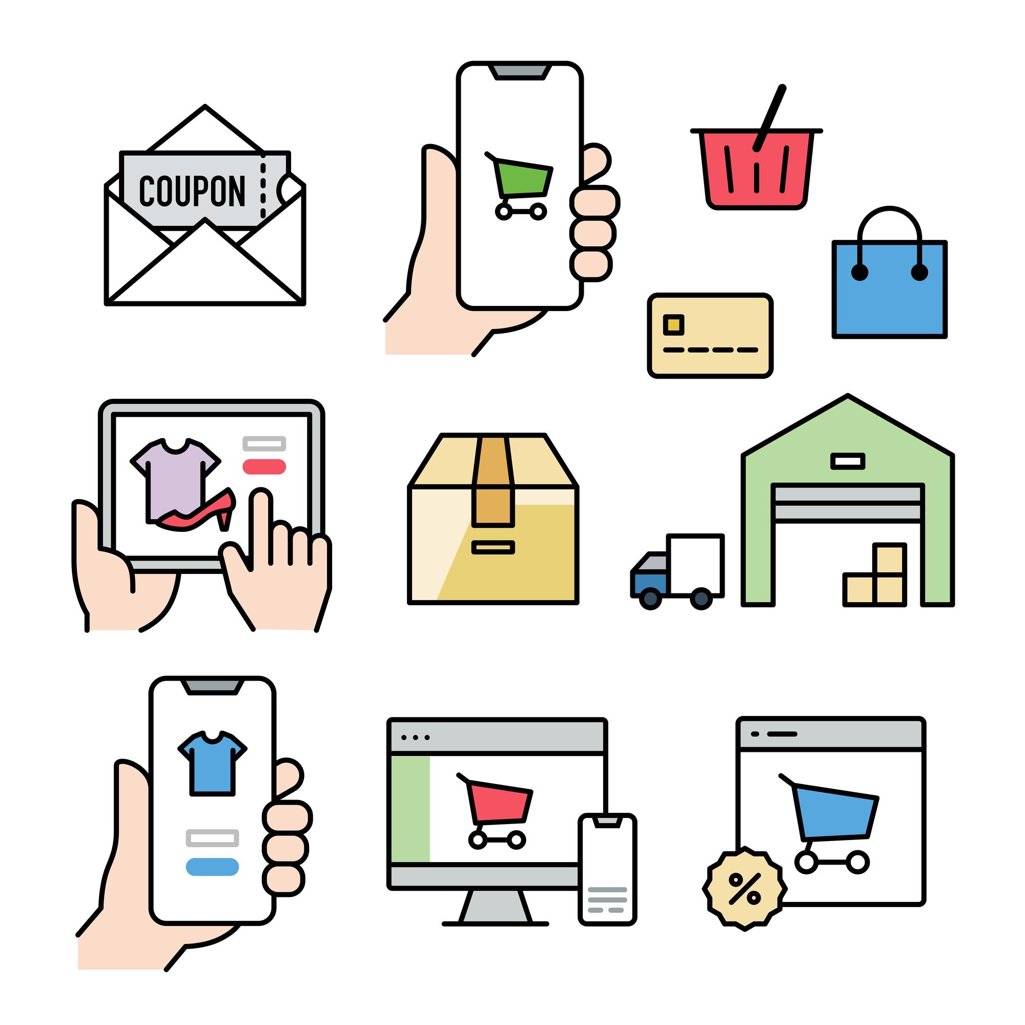 a set of online shopping icons on a white background .