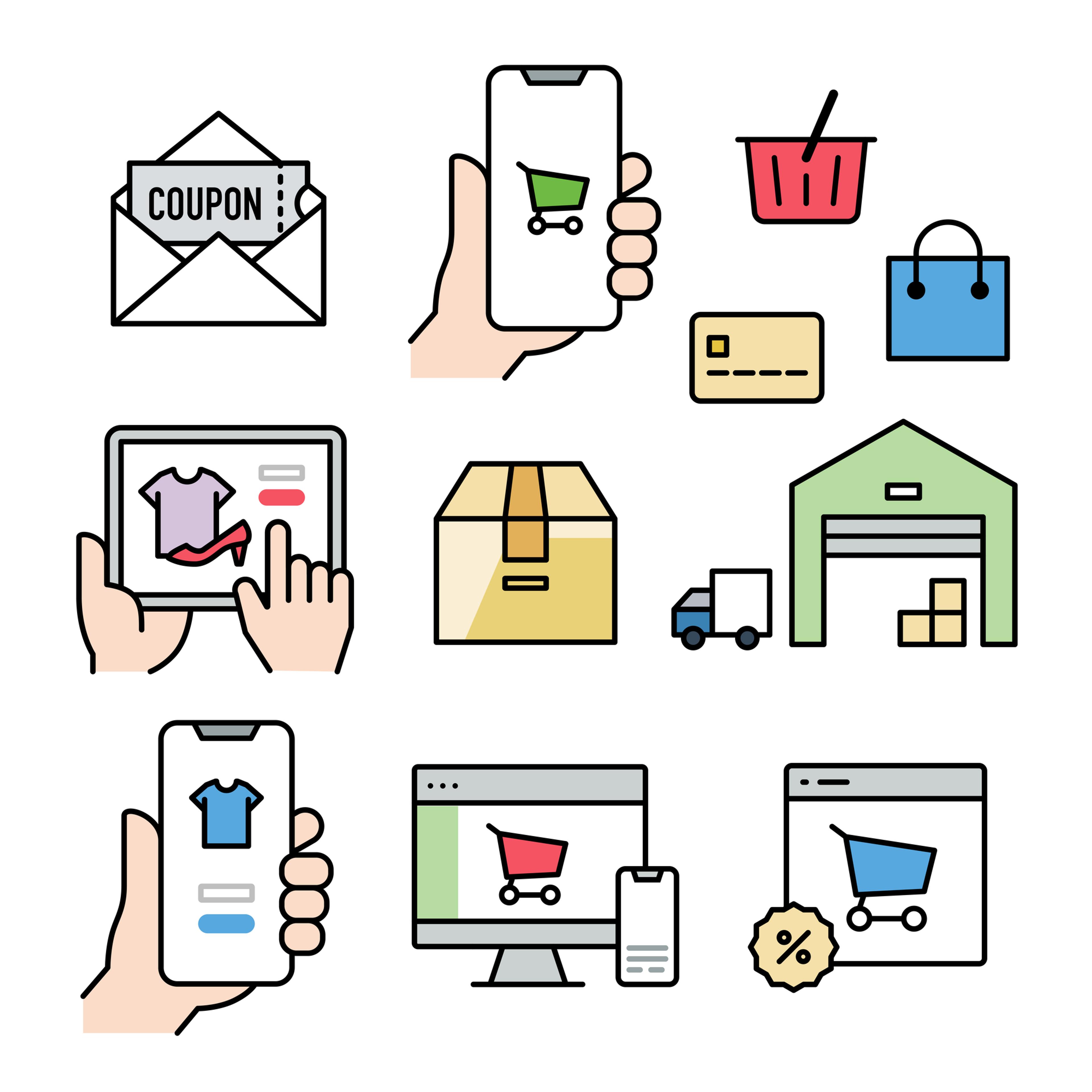 a set of online shopping icons on a white background .