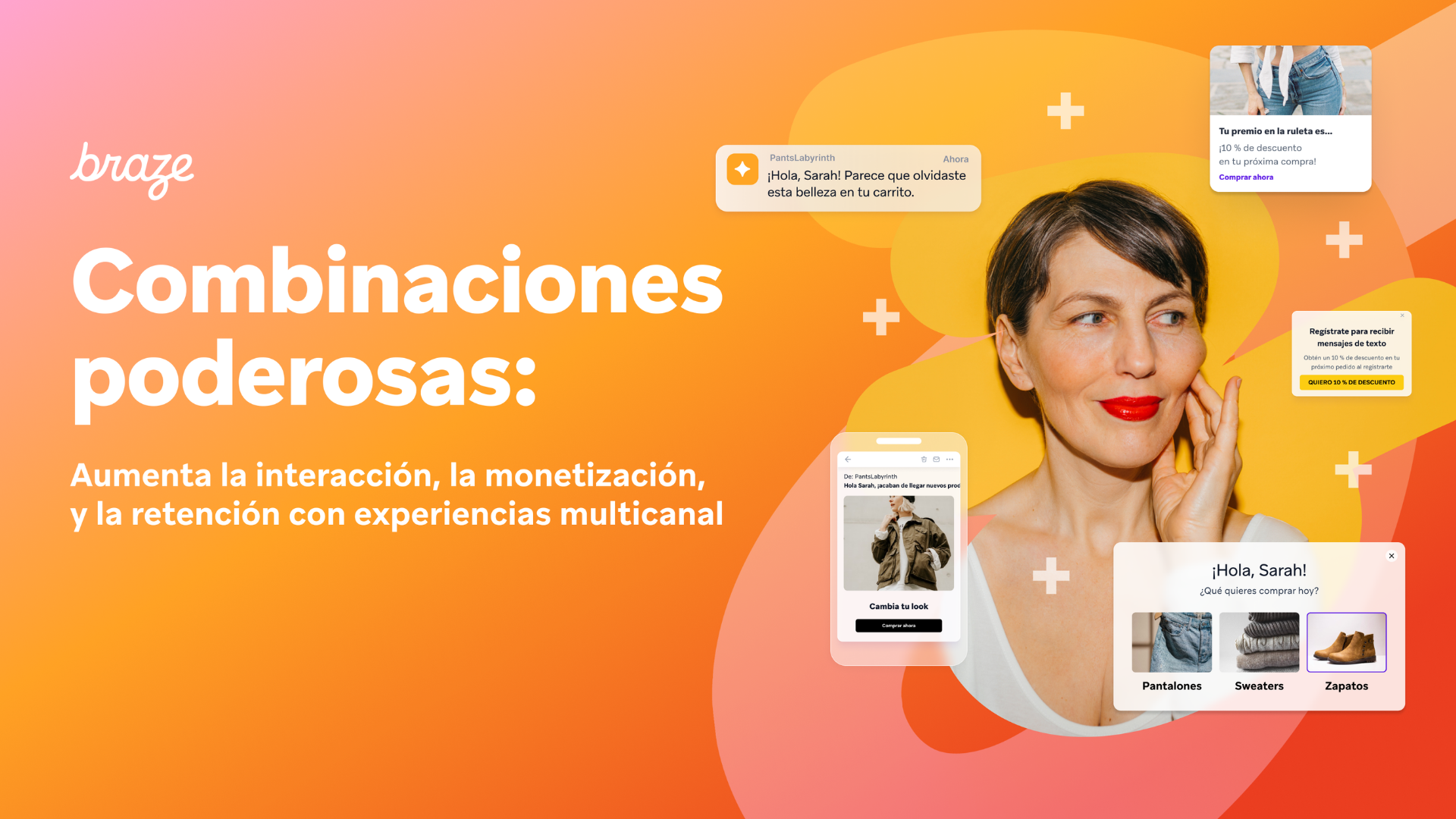 A woman smiles, surrounded by e-commerce notifications and mobile screens displaying products, with text "Powerful Combinations: Increase interaction, monetization, and retention with omnichannel experiences" by Braze.