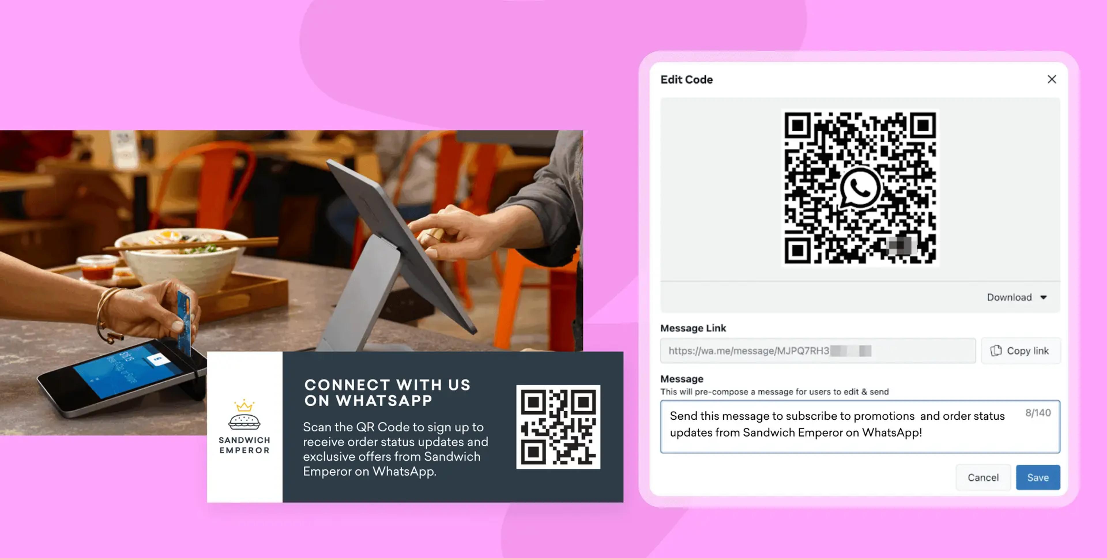 QR Code para receber promoções e atualizações de pedidos no WhatsApp.