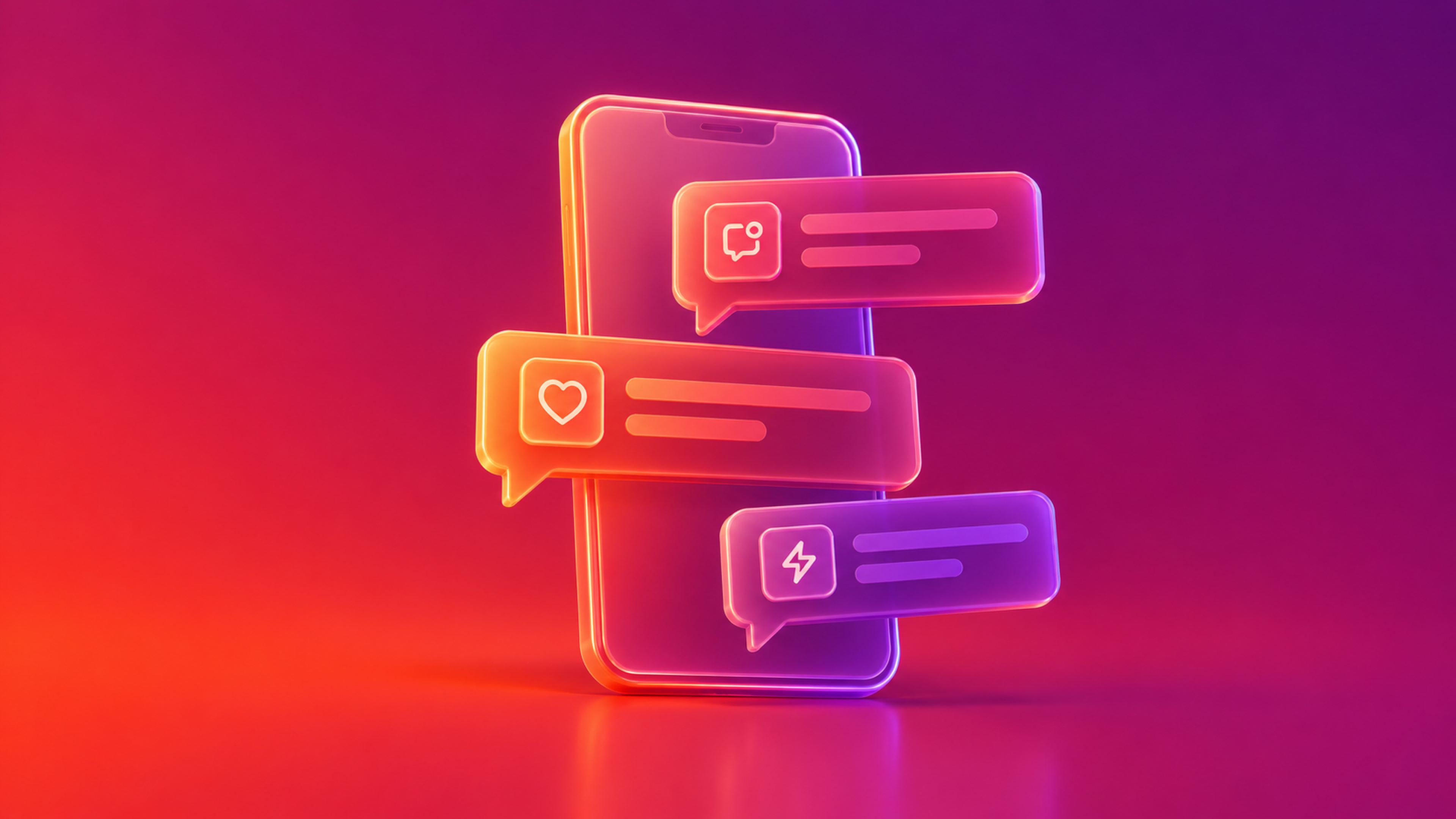 Neon illustration of a smartphone with floating notification bubbles featuring chat, heart, and lightning bolt icons against a pink and purple background.