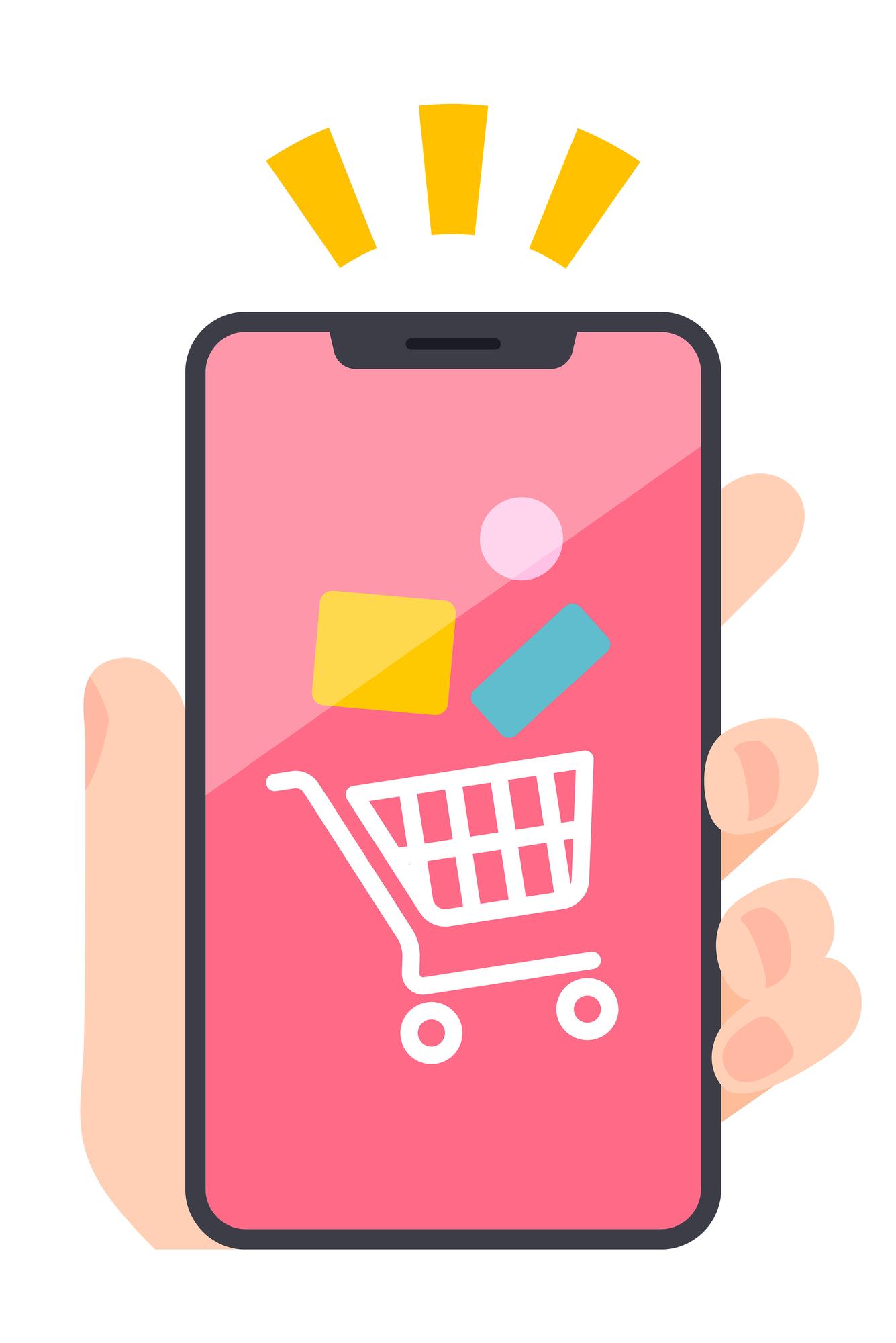 a hand is holding a cell phone with a shopping cart on the screen