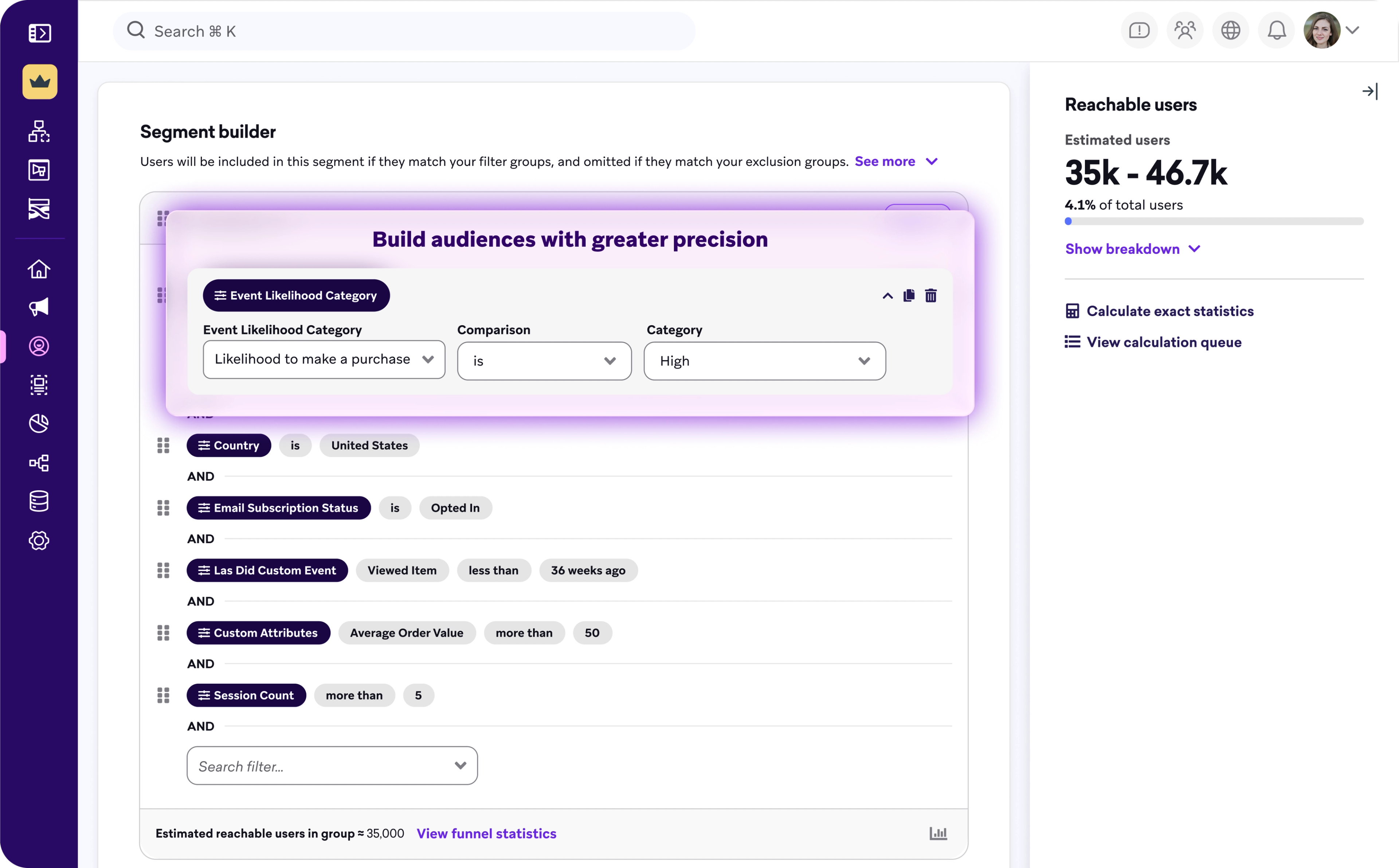 The Segment Builder dashboard page
