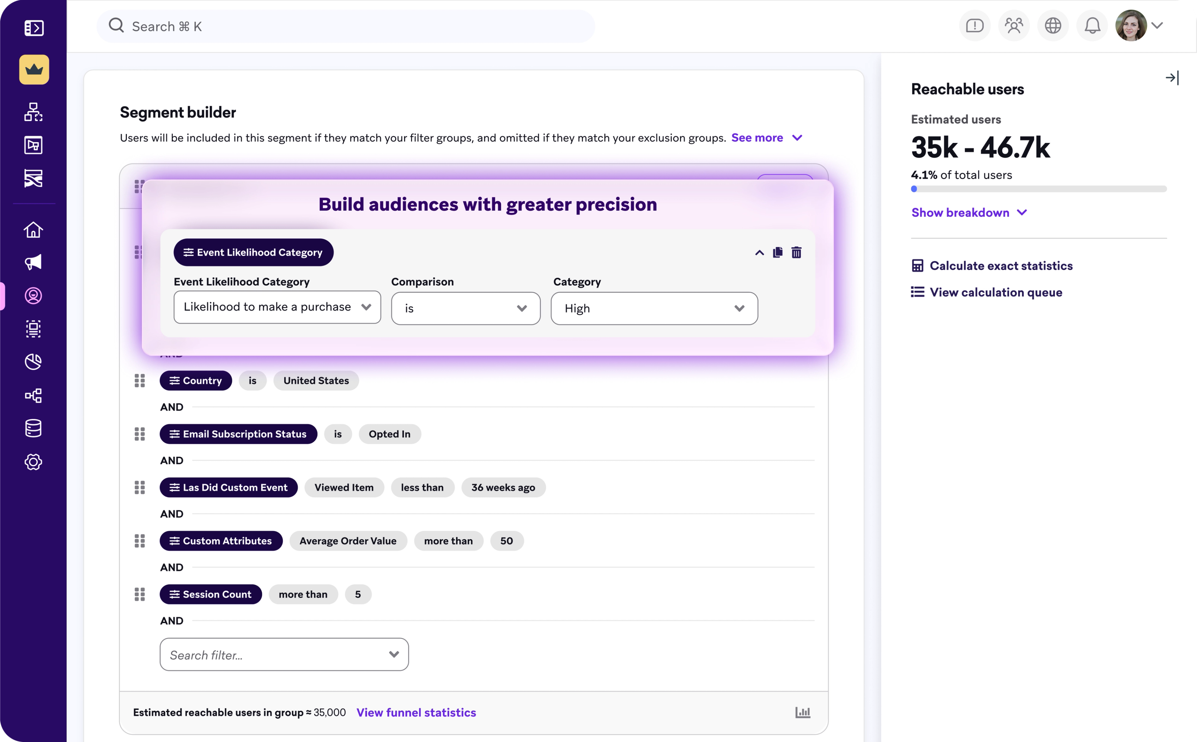 The Segment Builder dashboard page