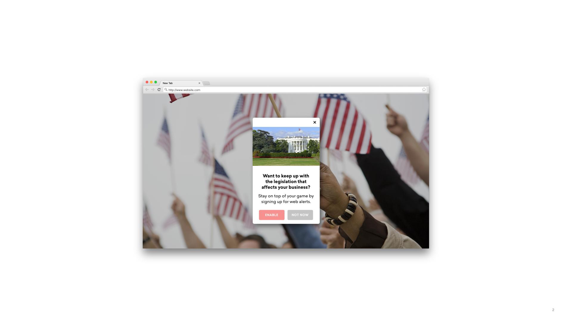 A web browser window displays a pop-up encouraging users to sign up for updates on regulations affecting their business, with a background of people holding American flags.