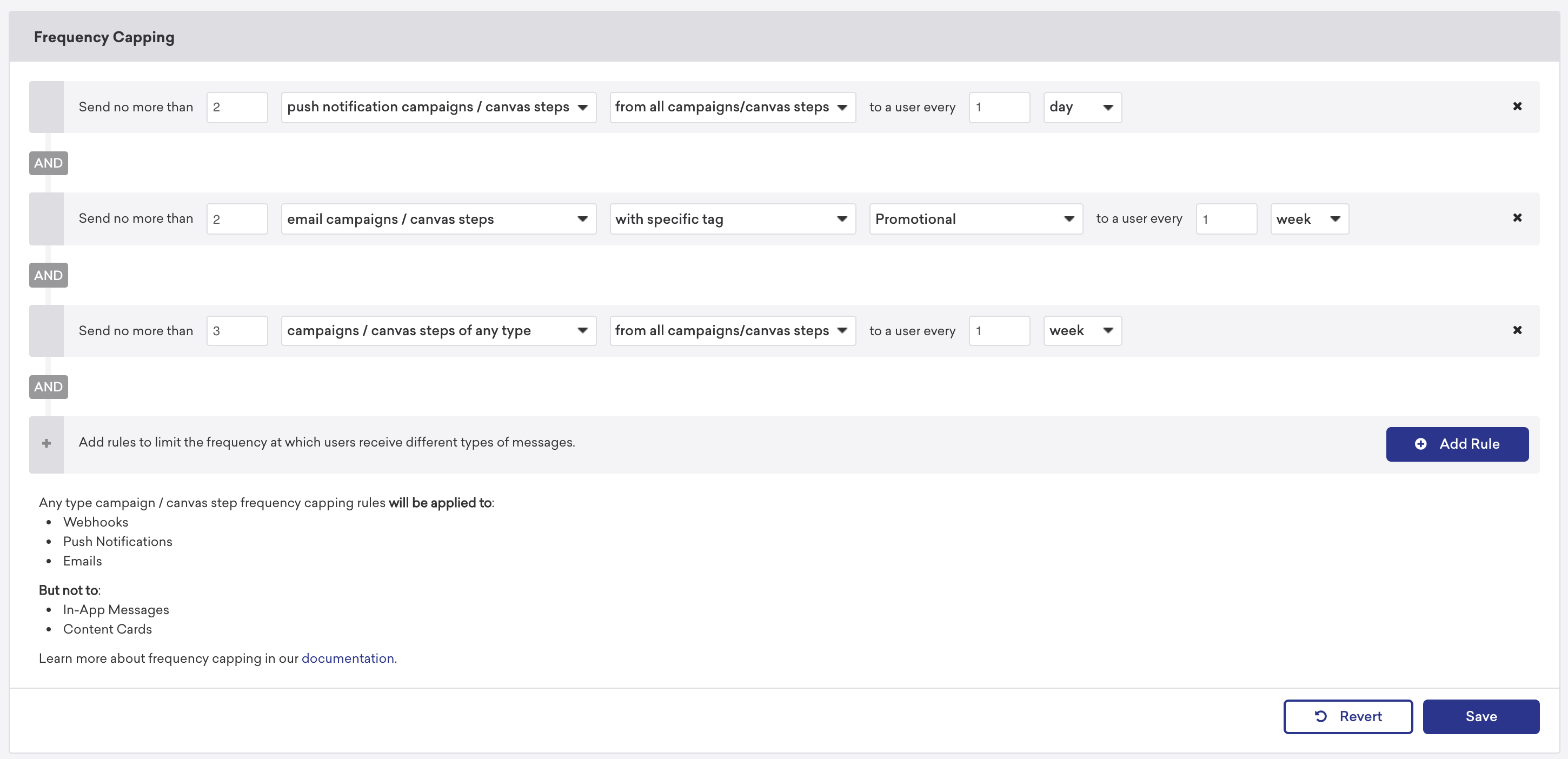 A user interface displaying settings for frequency capping of marketing campaigns, including options for notifications and email campaigns. The layout features fields for specifying limits and types of messages.