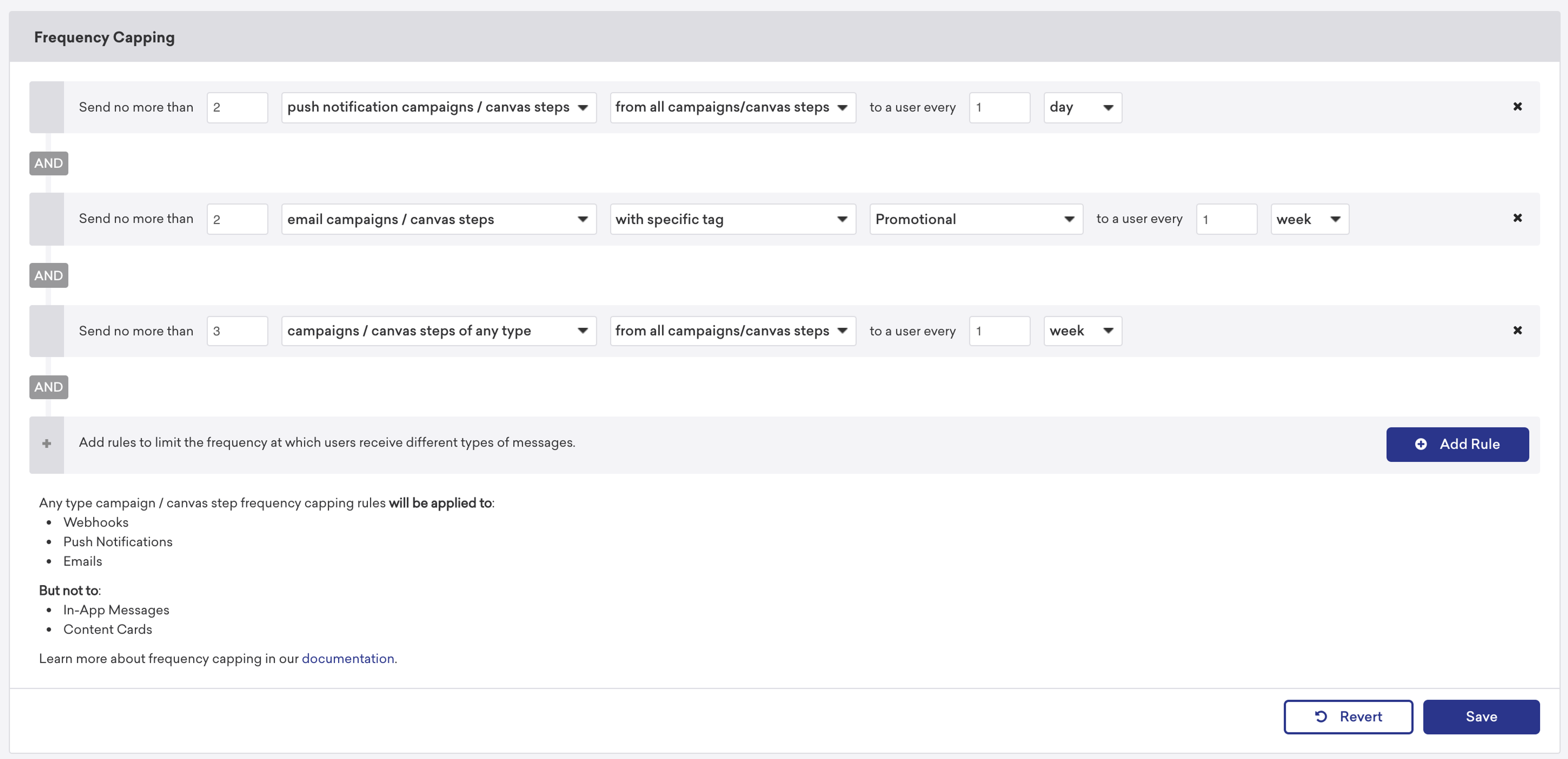 A user interface displaying settings for frequency capping of marketing campaigns, including options for notifications and email campaigns. The layout features fields for specifying limits and types of messages.