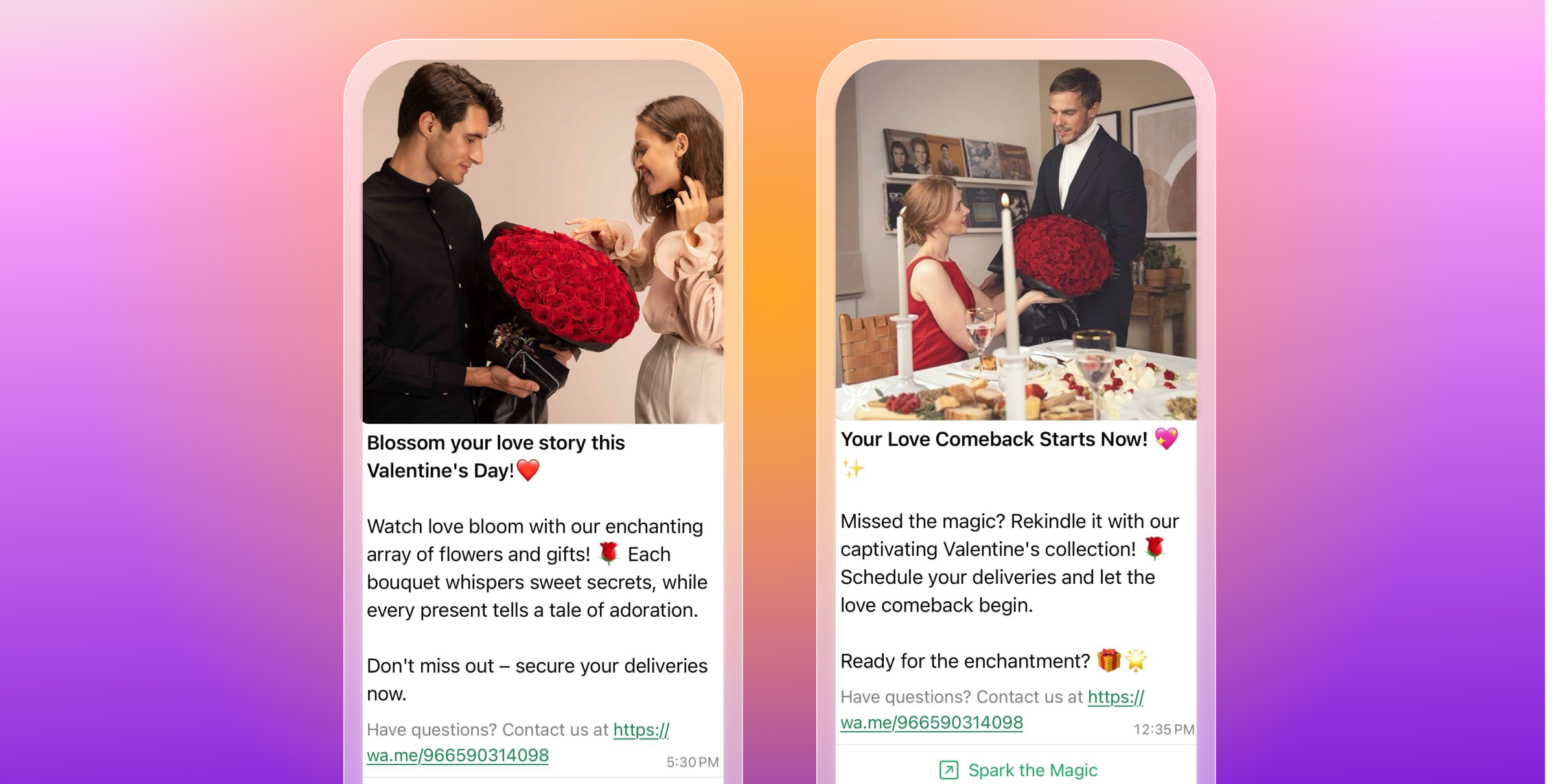Two Valentine's Day promotional messages show men presenting large bouquets of red roses to women, with text encouraging flower and gift deliveries.