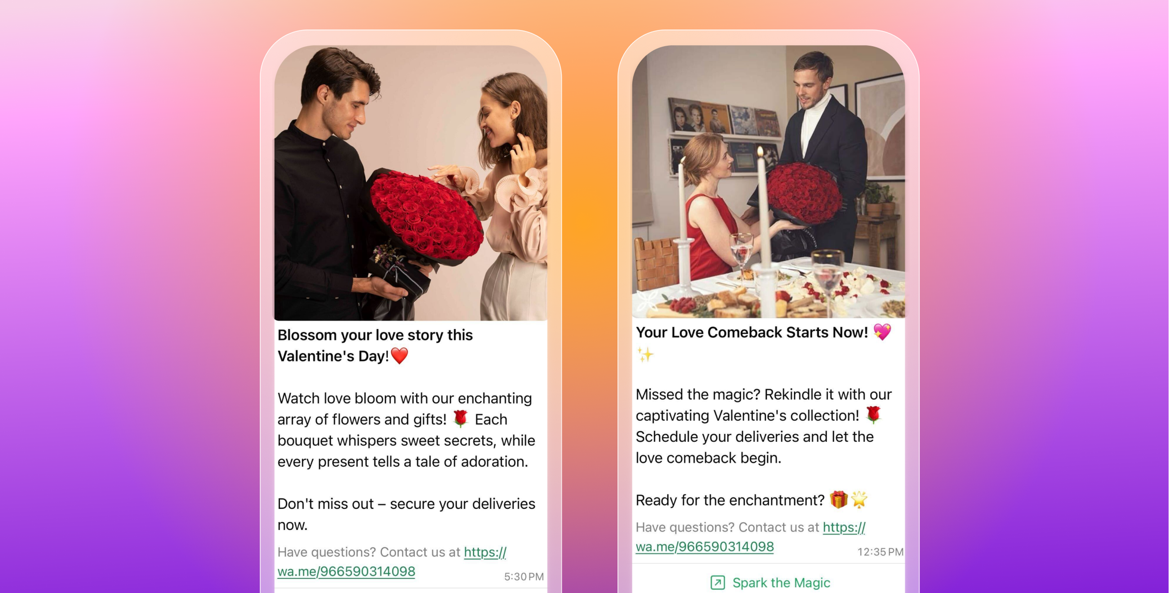 Two Valentine's Day promotional messages show men presenting large bouquets of red roses to women, with text encouraging flower and gift deliveries.