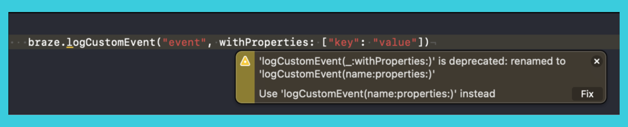 Code snippet showing a JavaScript function call with a warning message about a deprecated method. The warning advises using an updated method instead.