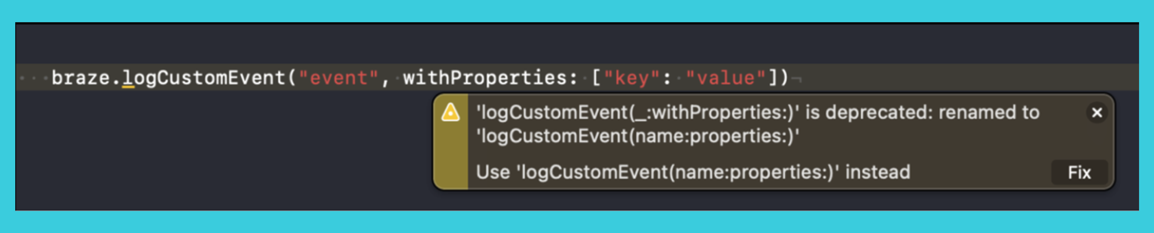 Code snippet showing a JavaScript function call with a warning message about a deprecated method. The warning advises using an updated method instead.