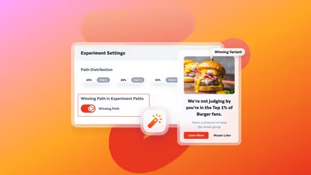 Interfaz de configuración de un experimento A/B junto a una ventana emergente que muestra la variante ganadora de una promoción de hamburguesas.