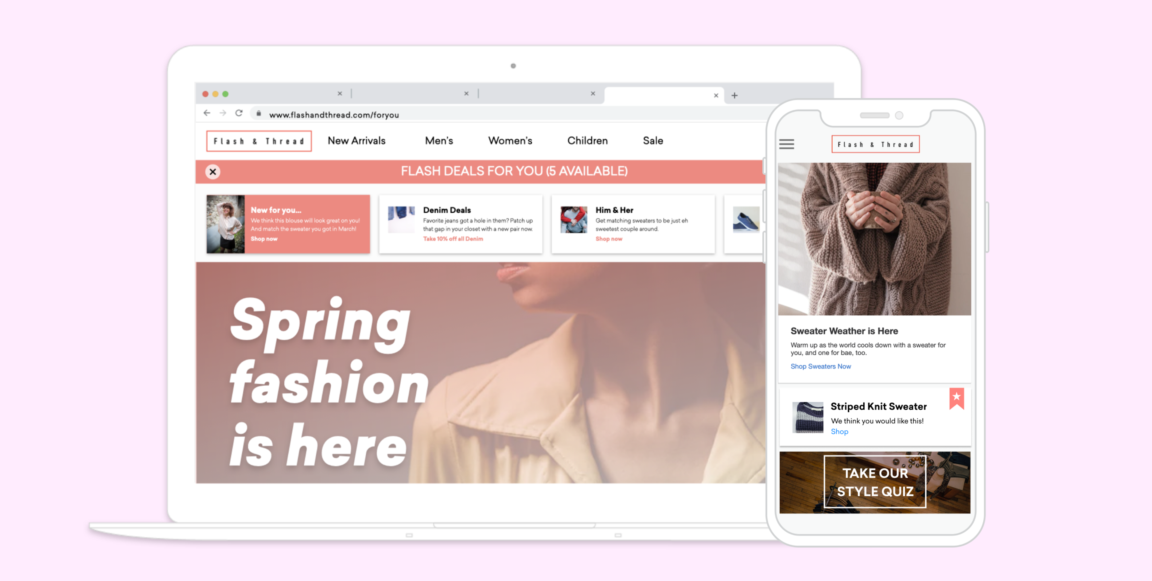春のファッションが紹介されているウェブサイトの画面。デスクトップとモバイルの両方のデザインが表示されている。