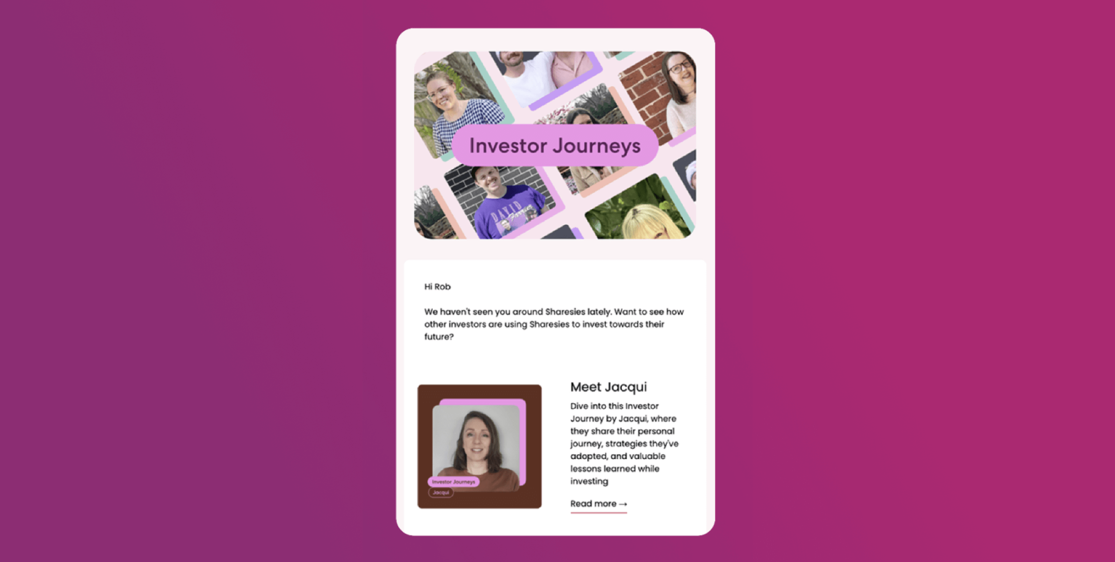 a tablet screen displays an email about investor journeys