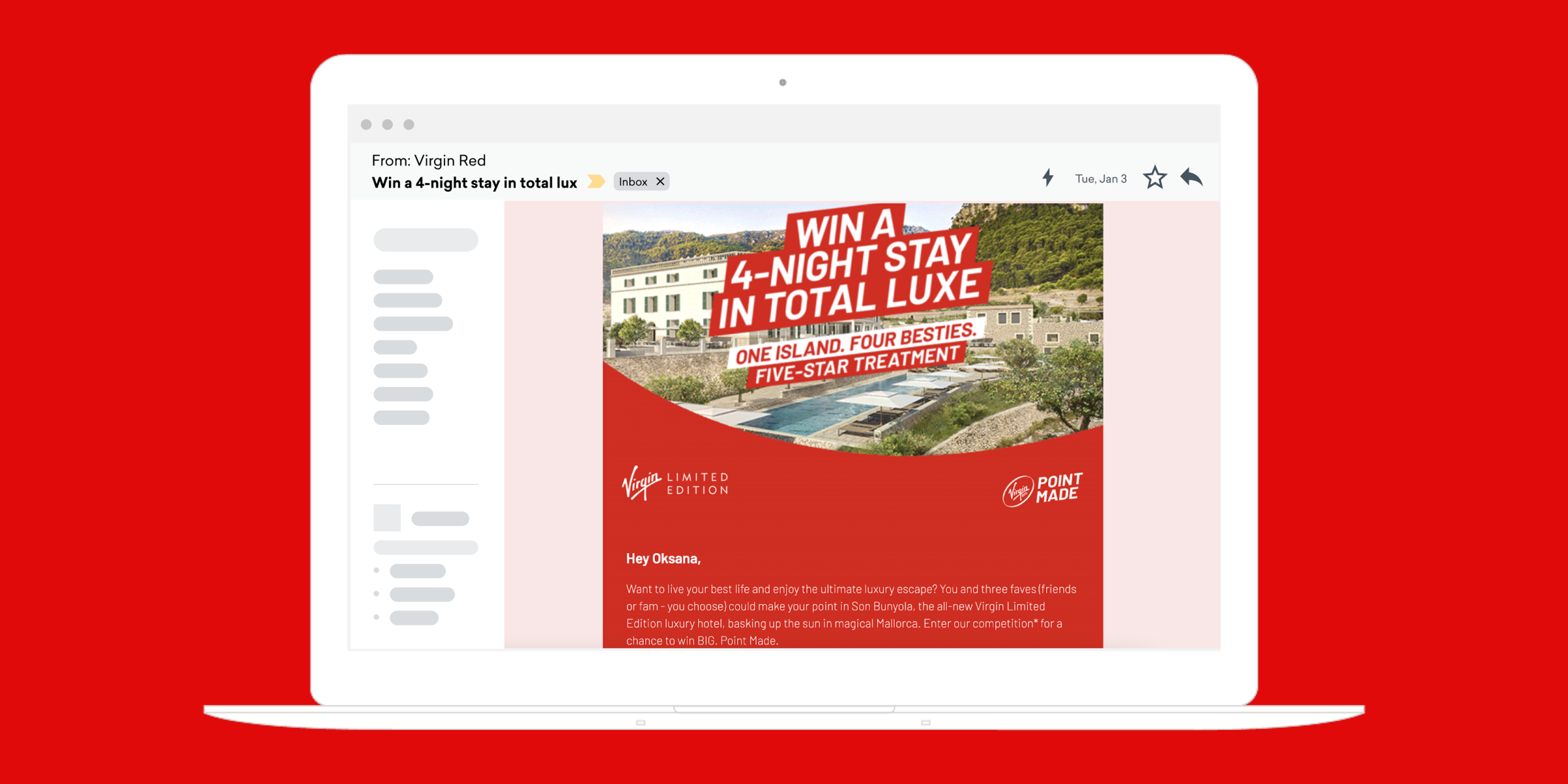An email advertisement on a laptop screen promoting a contest to win a four-night stay at a luxury resort. The background is red, and the text highlights the prize and details of the offer.