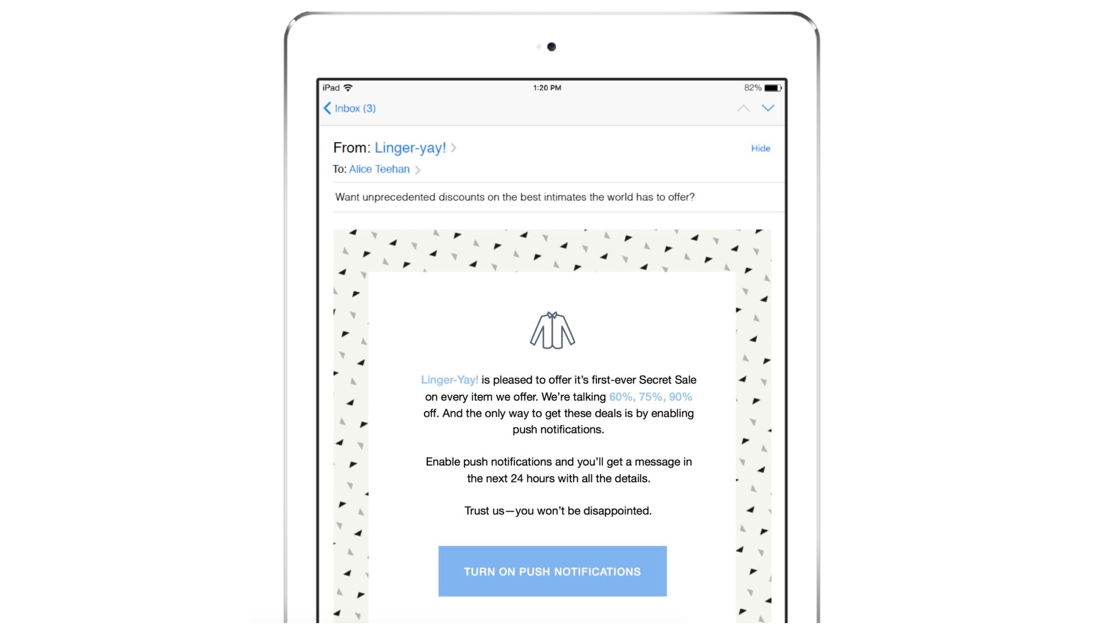 An email on a tablet screen announcing Linger Yay's first-ever Secret Sale with discounts of up to 75%. It encourages users to enable push notifications for more details.