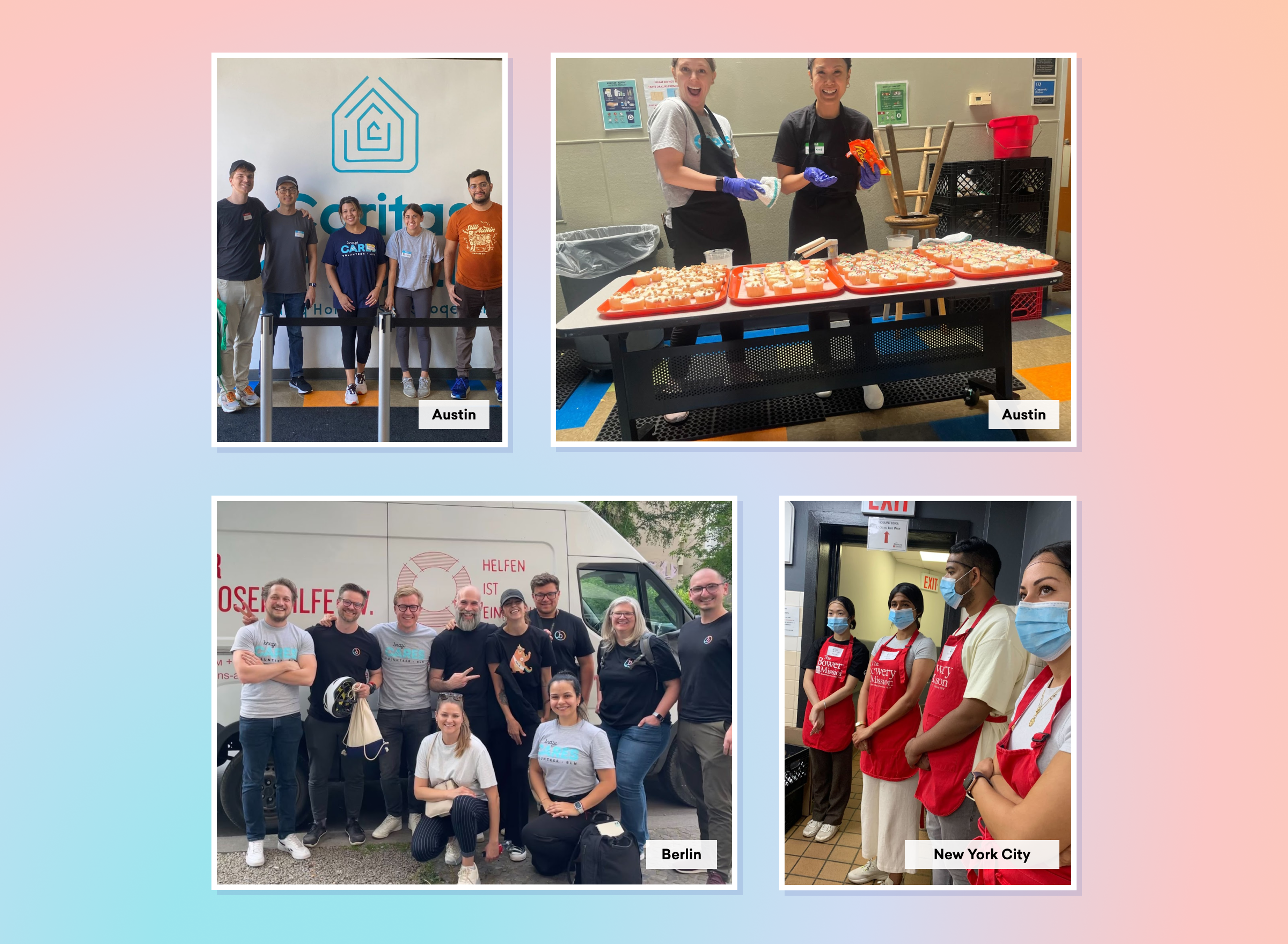 A collage featuring four images: a group of people in Austin, Texas, posing together; volunteers preparing food in Austin; a group photo of volunteers in Berlin; and a team of volunteers in New York City.