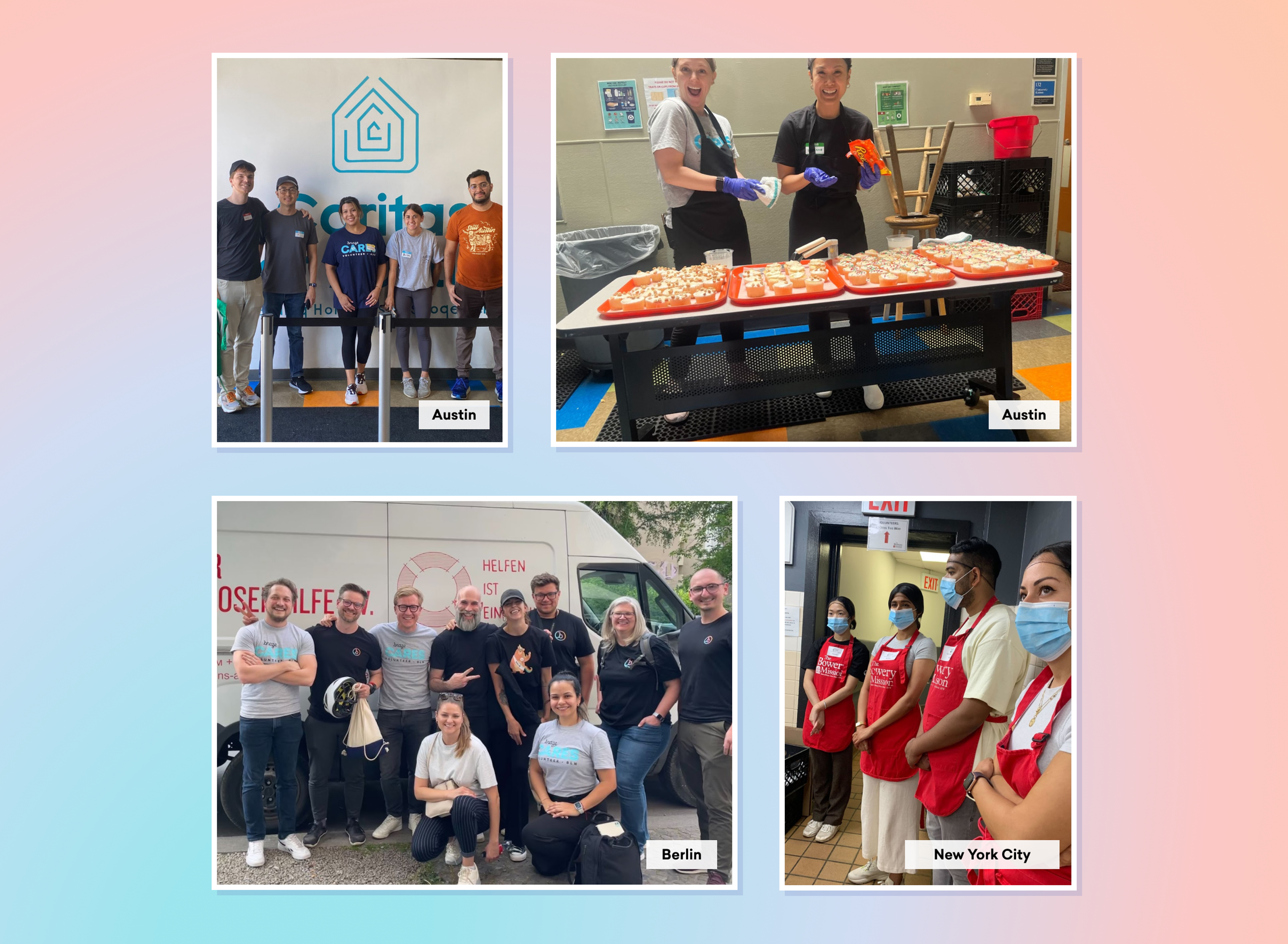 A collage featuring four images: a group of people in Austin, Texas, posing together; volunteers preparing food in Austin; a group photo of volunteers in Berlin; and a team of volunteers in New York City.