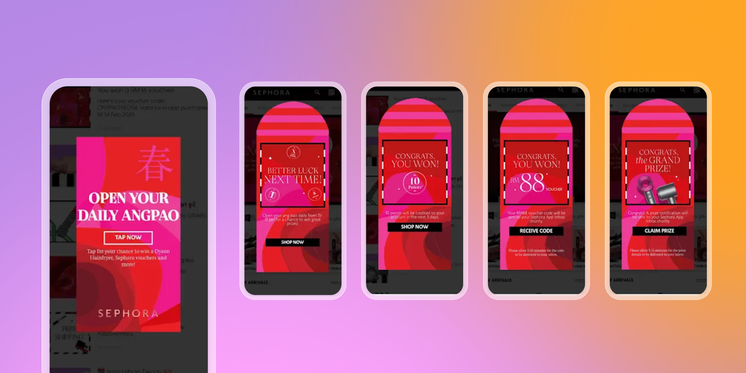 A series of mobile screens displaying a promotional campaign for Sephora, featuring messages about daily prizes and a grand prize. The design includes vibrant colors and interactive buttons.
