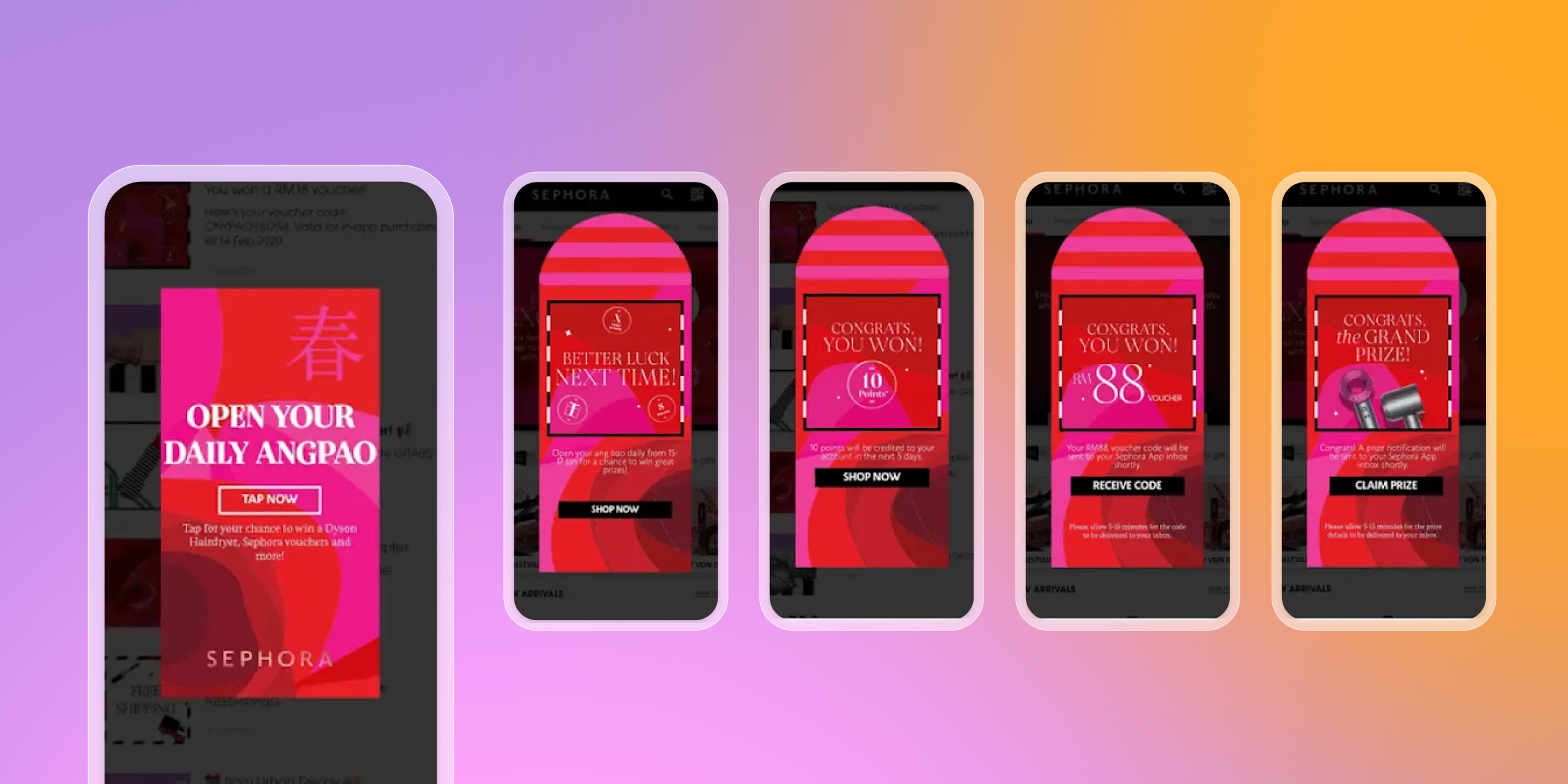 A series of mobile screens displaying a promotional campaign for Sephora, featuring messages about daily prizes and a grand prize. The design includes vibrant colors and interactive buttons.