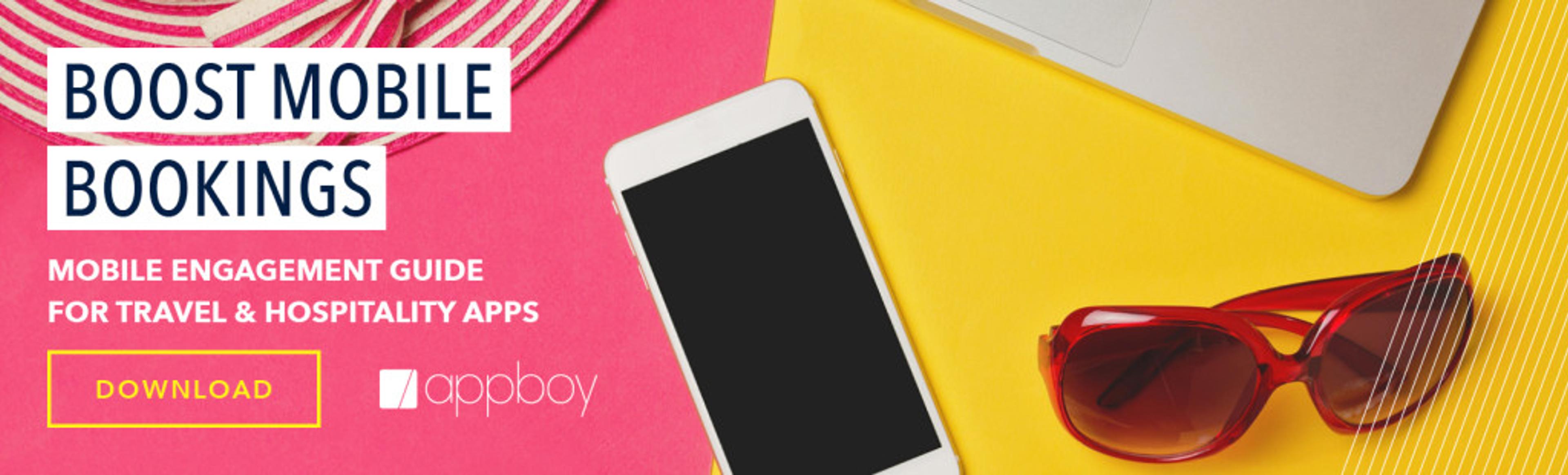 A smartphone and sunglasses on a colorful background, promoting a mobile engagement guide for travel and hospitality apps. The text encourages downloading the guide.