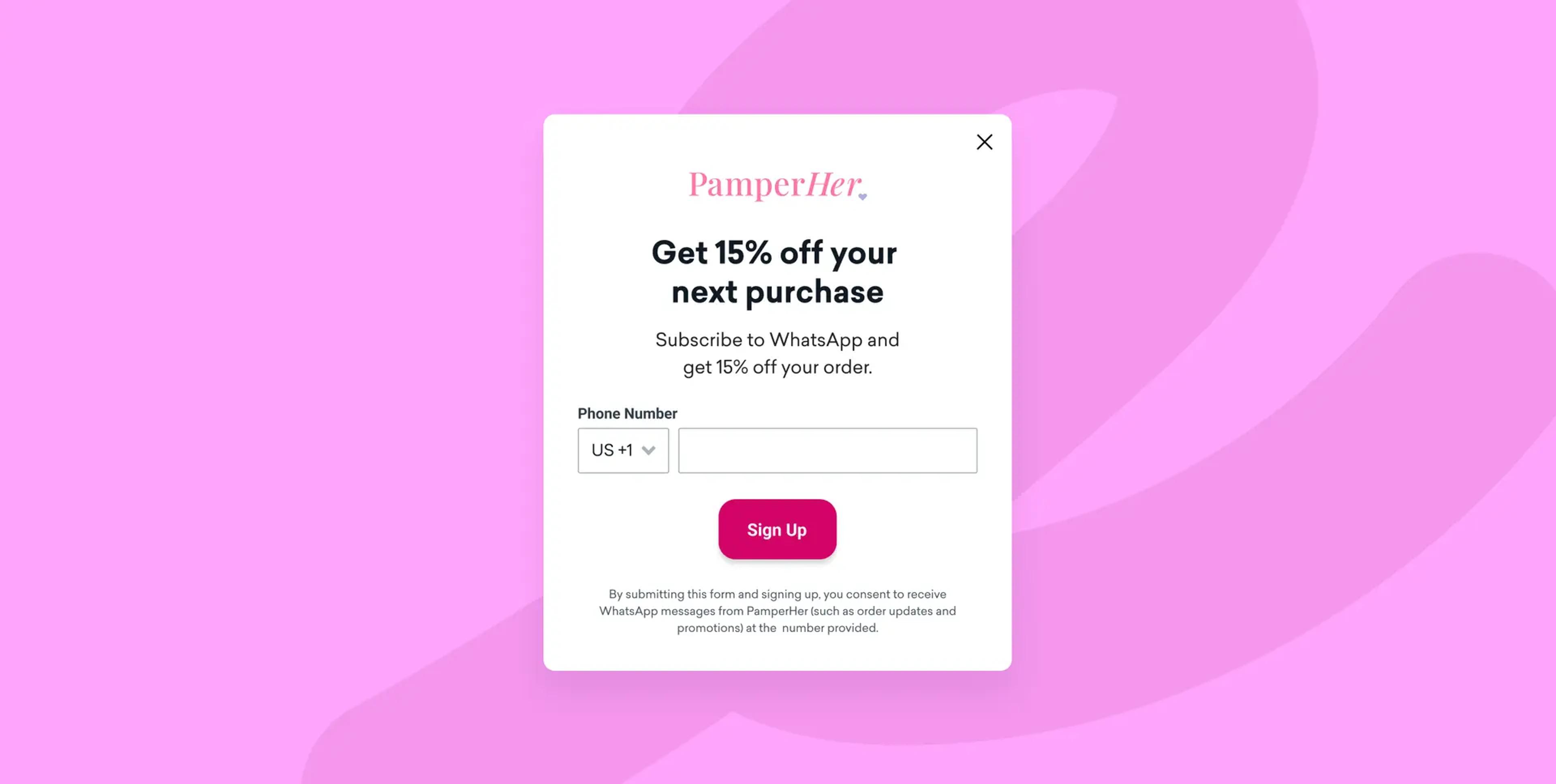 Formulário de cadastro para receber 15% de desconto ao se inscrever no canal do WhatsApp.