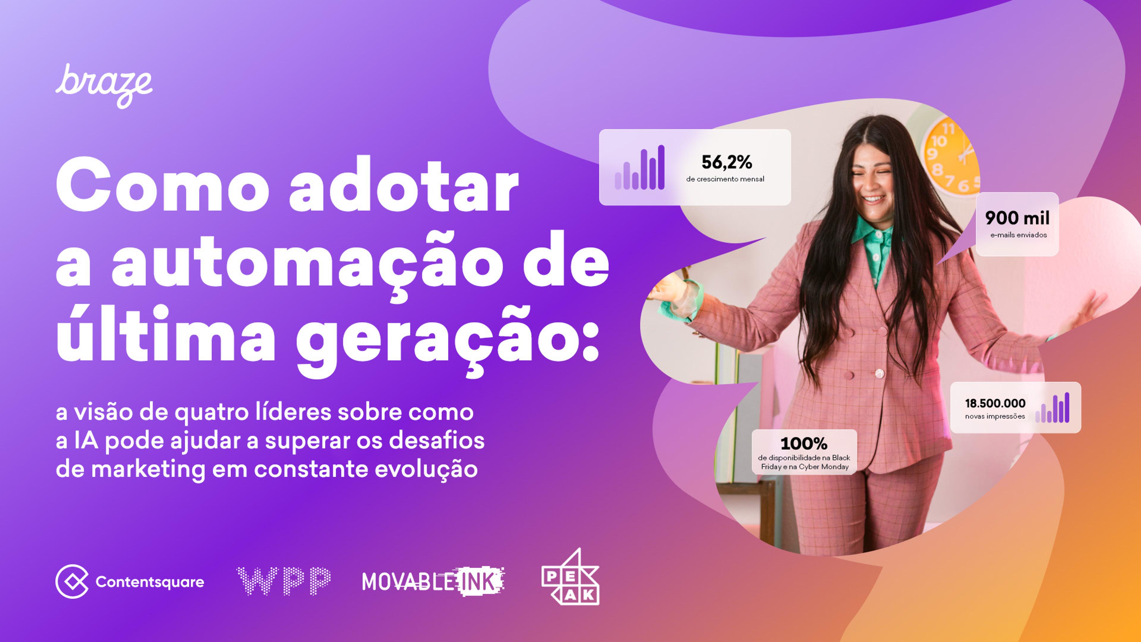 Imagem com uma mulher vestindo um terno rosa, sorrindo e segurando um tablet. Texto ao lado destaca a automação de última geração e estatísticas sobre marketing.