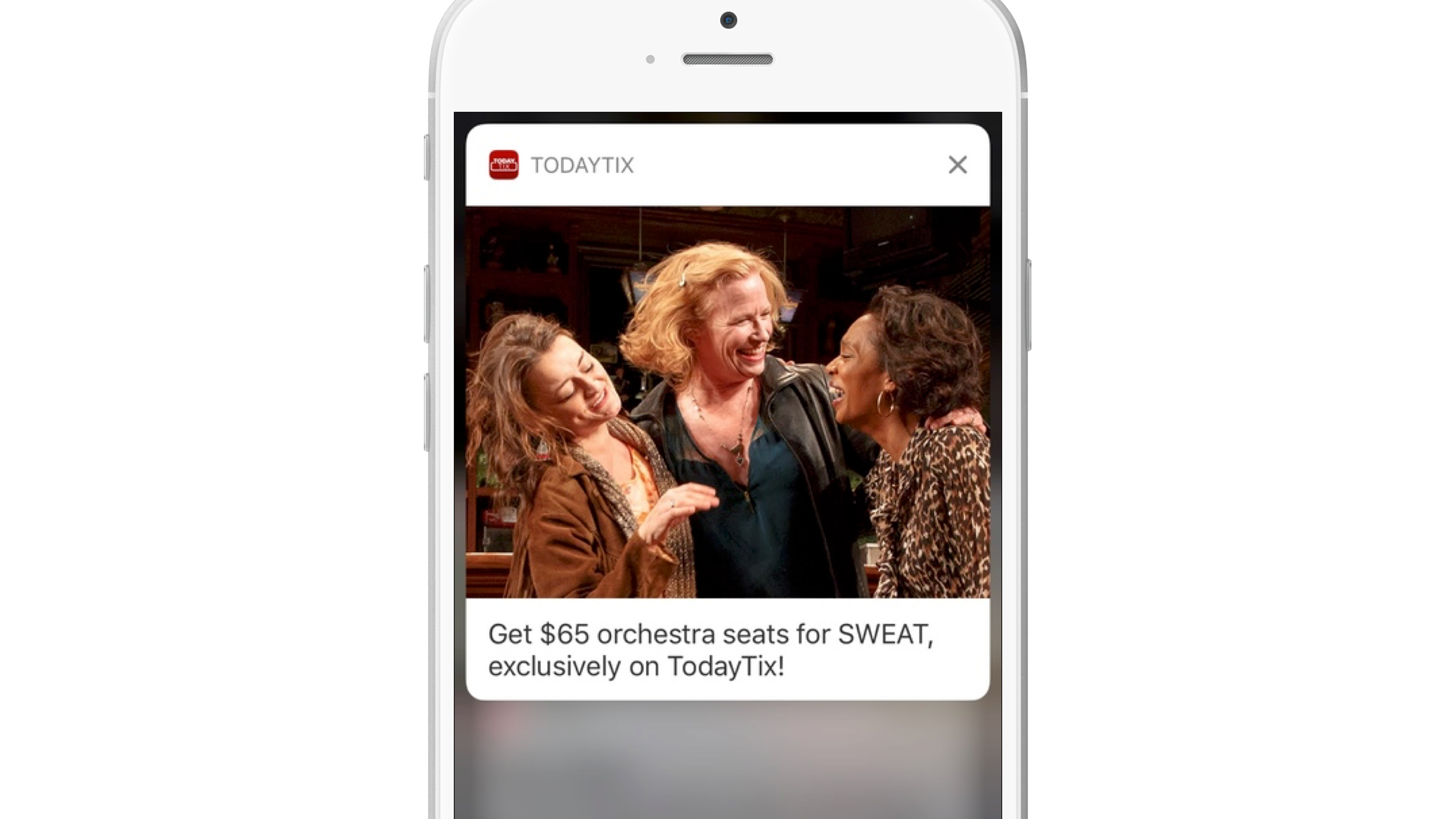 A promotional image for TodayTix featuring three women laughing together on stage. The text advertises $65 orchestra seats for the play "SWEAT.