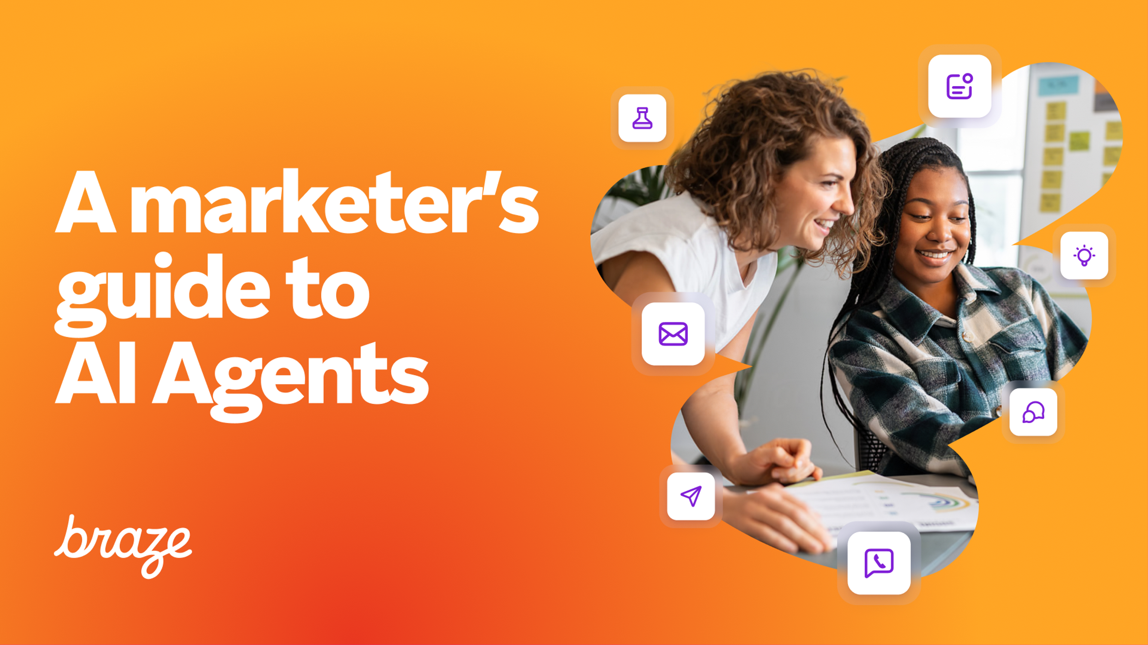 Promotional graphic titled “A marketer’s guide to AI Agents” from Braze, showing two smiling people collaborating at a computer on an orange gradient background.