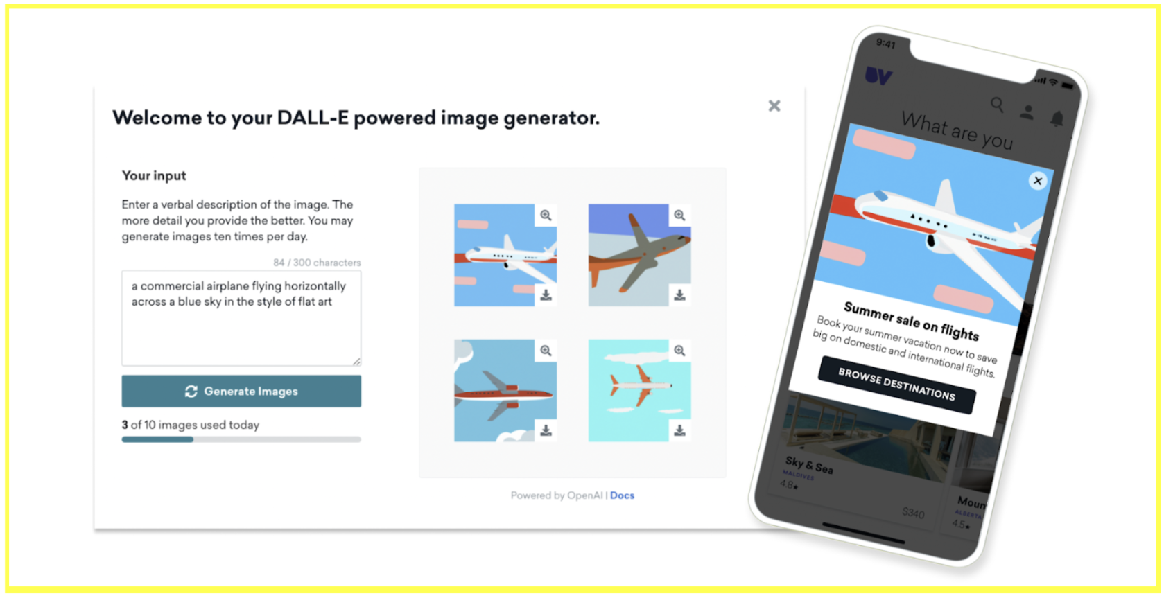DALL-Eを使った画像生成ツールの画面。飛行機の画像が表示されている。