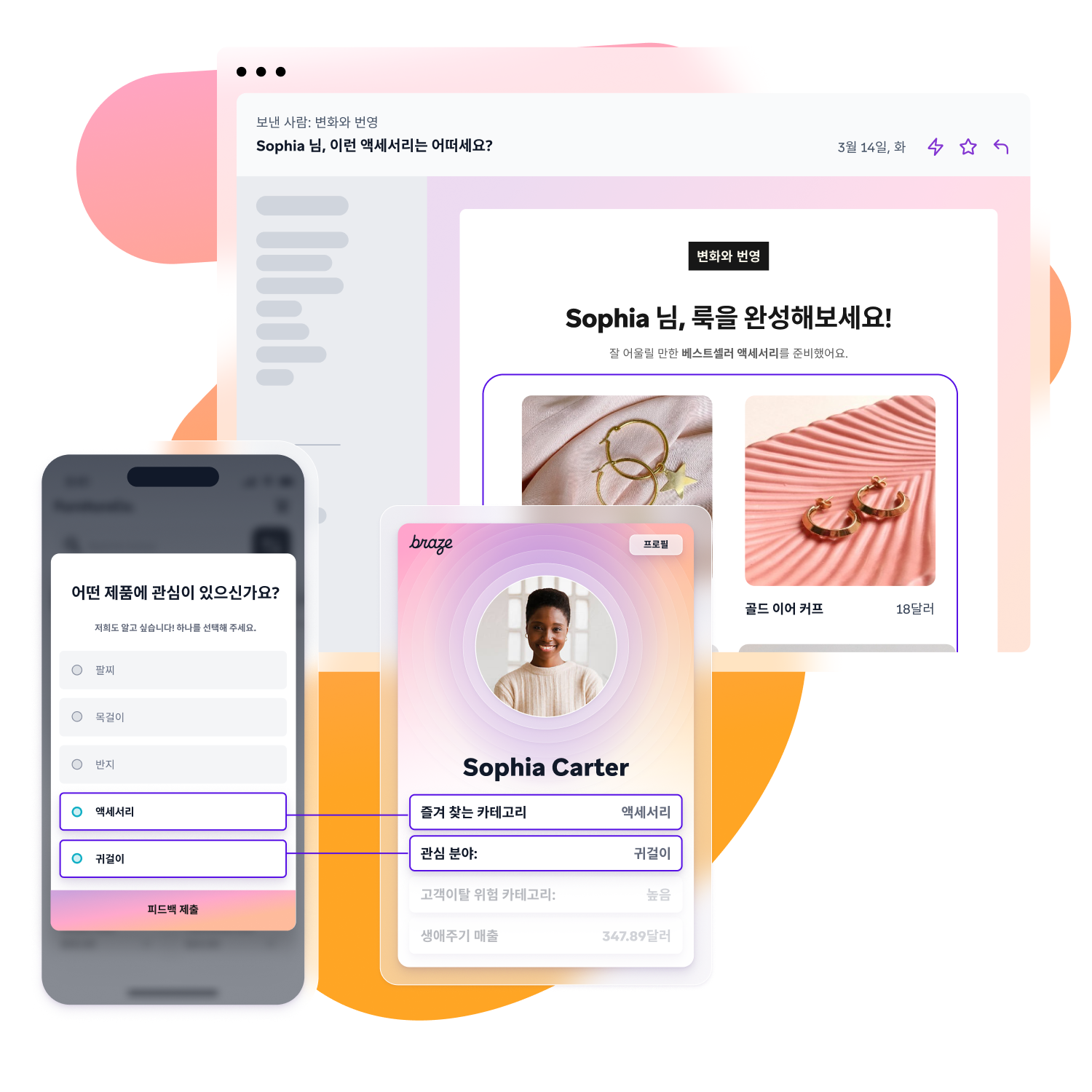 Screens showing a mobile app survey for product preferences, a user profile, and a personalized email recommending accessories based on those preferences.