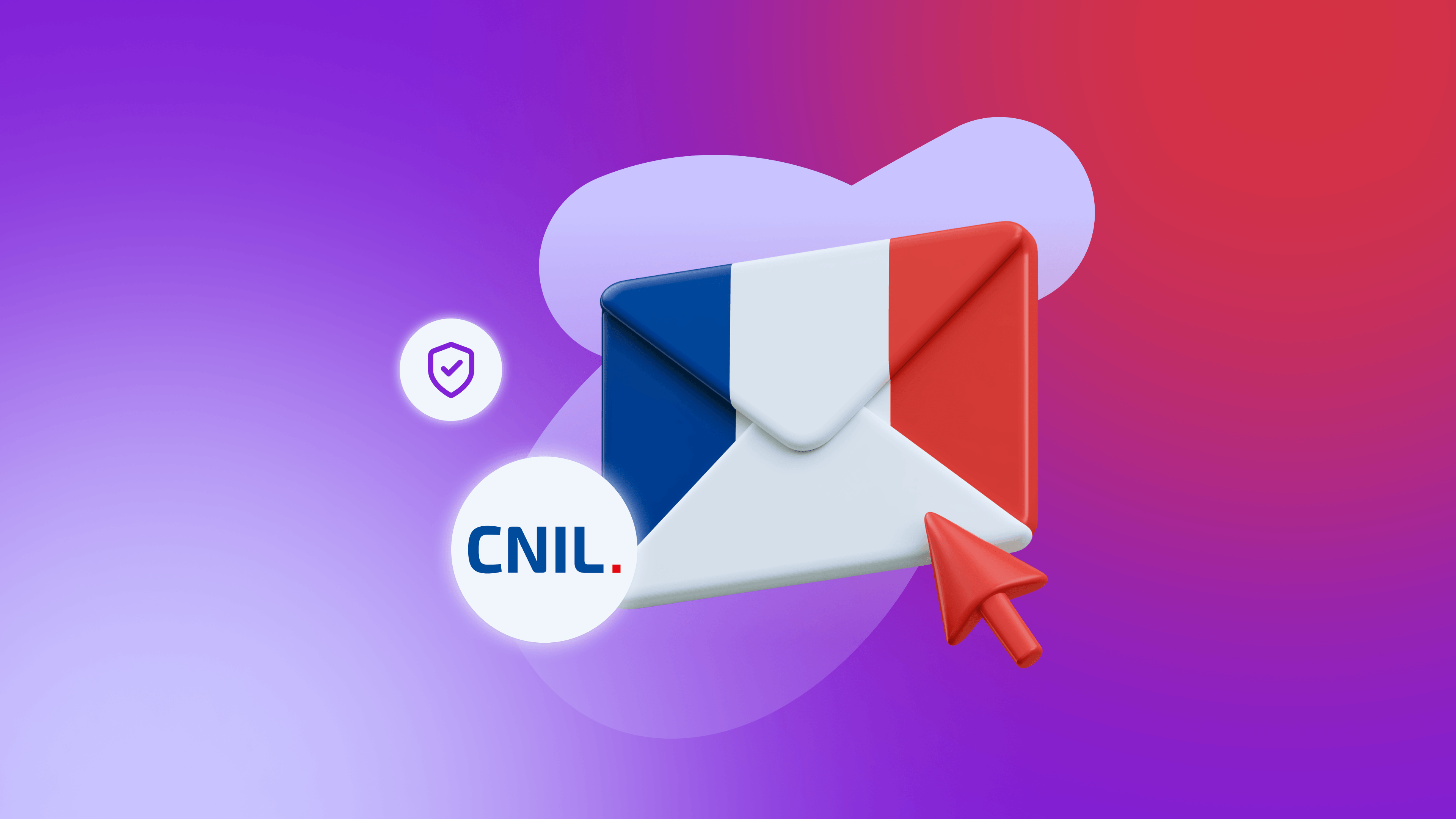 Illustration of an email envelope in French flag colors with a red cursor arrow and the CNIL logo on a purple gradient background, symbolizing French data protection and email privacy.