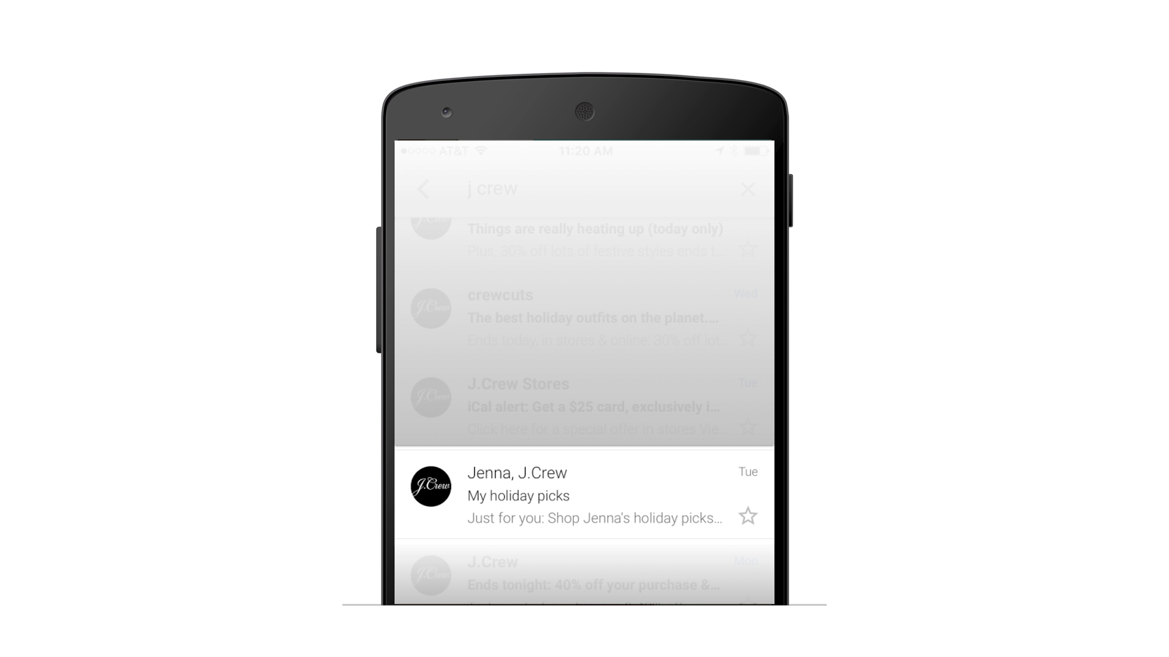 A smartphone screen displaying an email from J.Crew titled "My holiday picks" with a preview of the message.