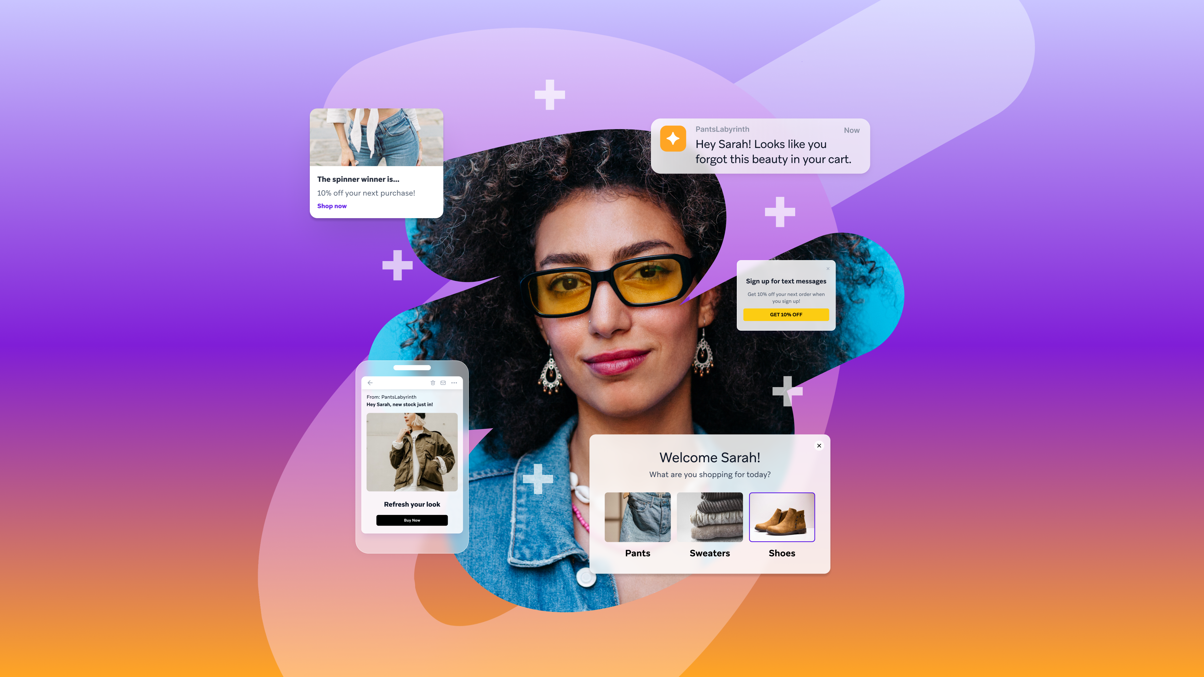 A person with sunglasses surrounded by messages about shopping