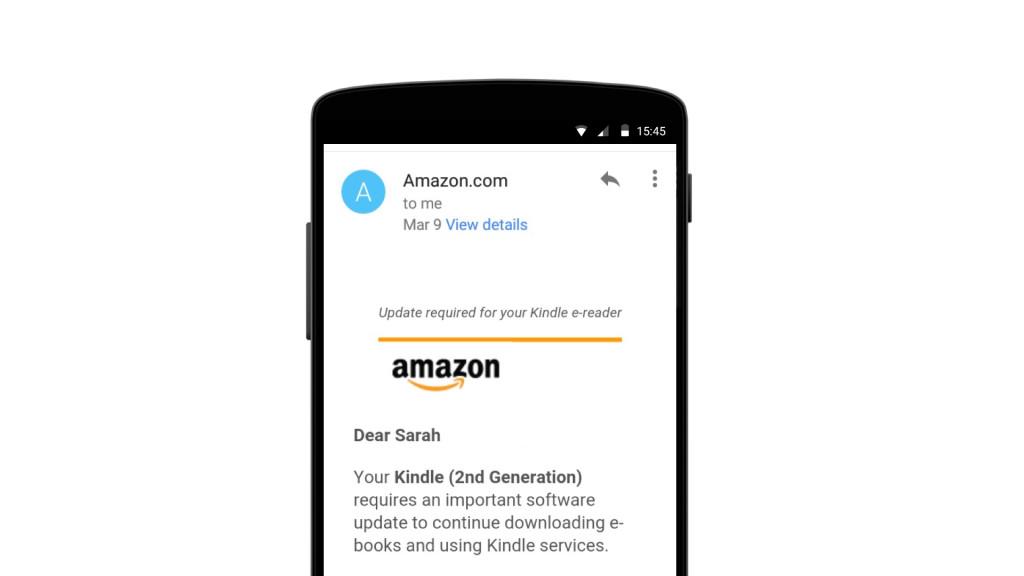 An email from Amazon regarding a software update for a Kindle (2nd Generation) e-reader. The email is addressed to "Dear Sarah.