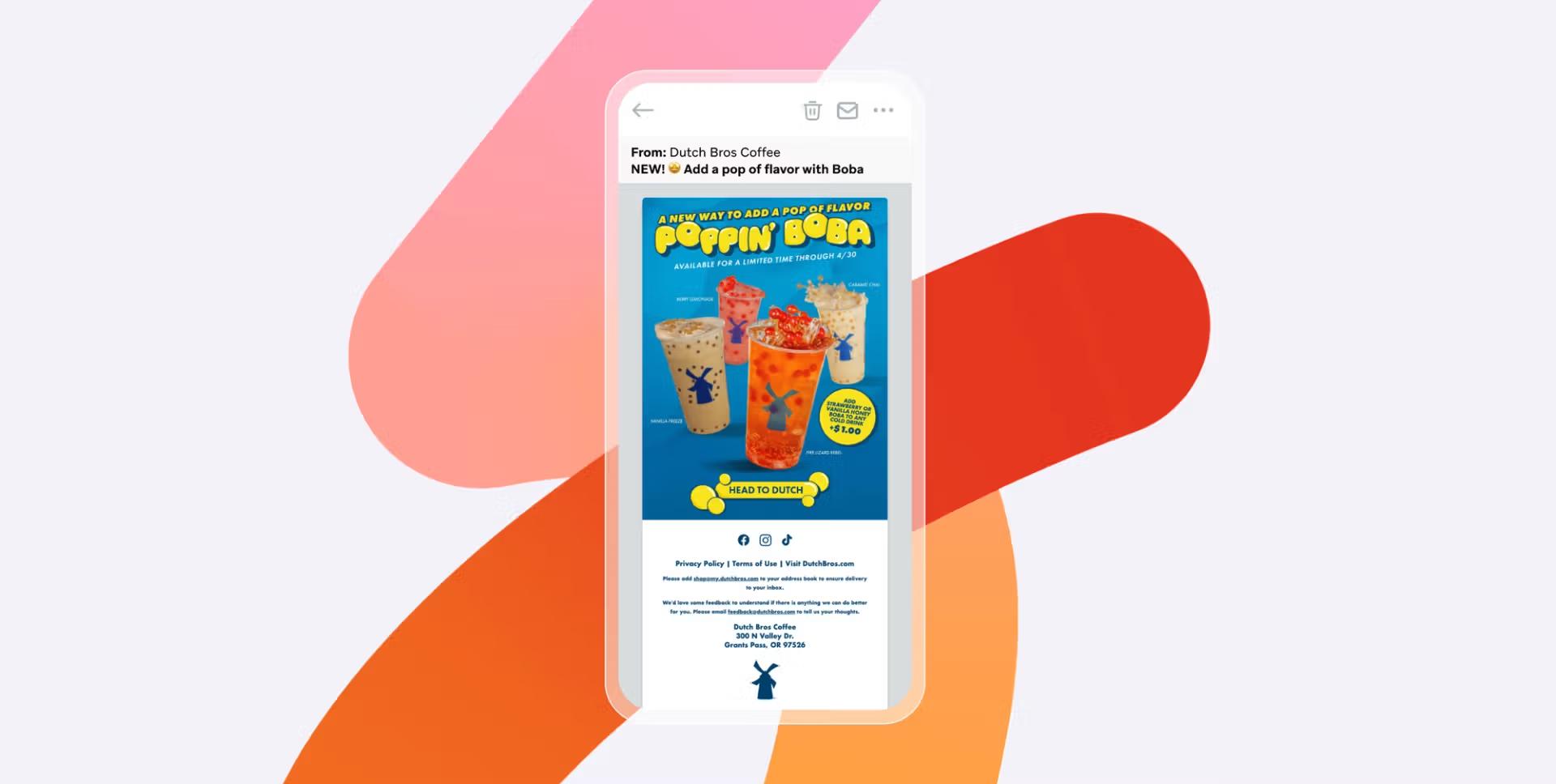 A smartphone displays a Dutch Bros Coffee promotional email for Poppin’ Boba drinks against a colorful abstract background.