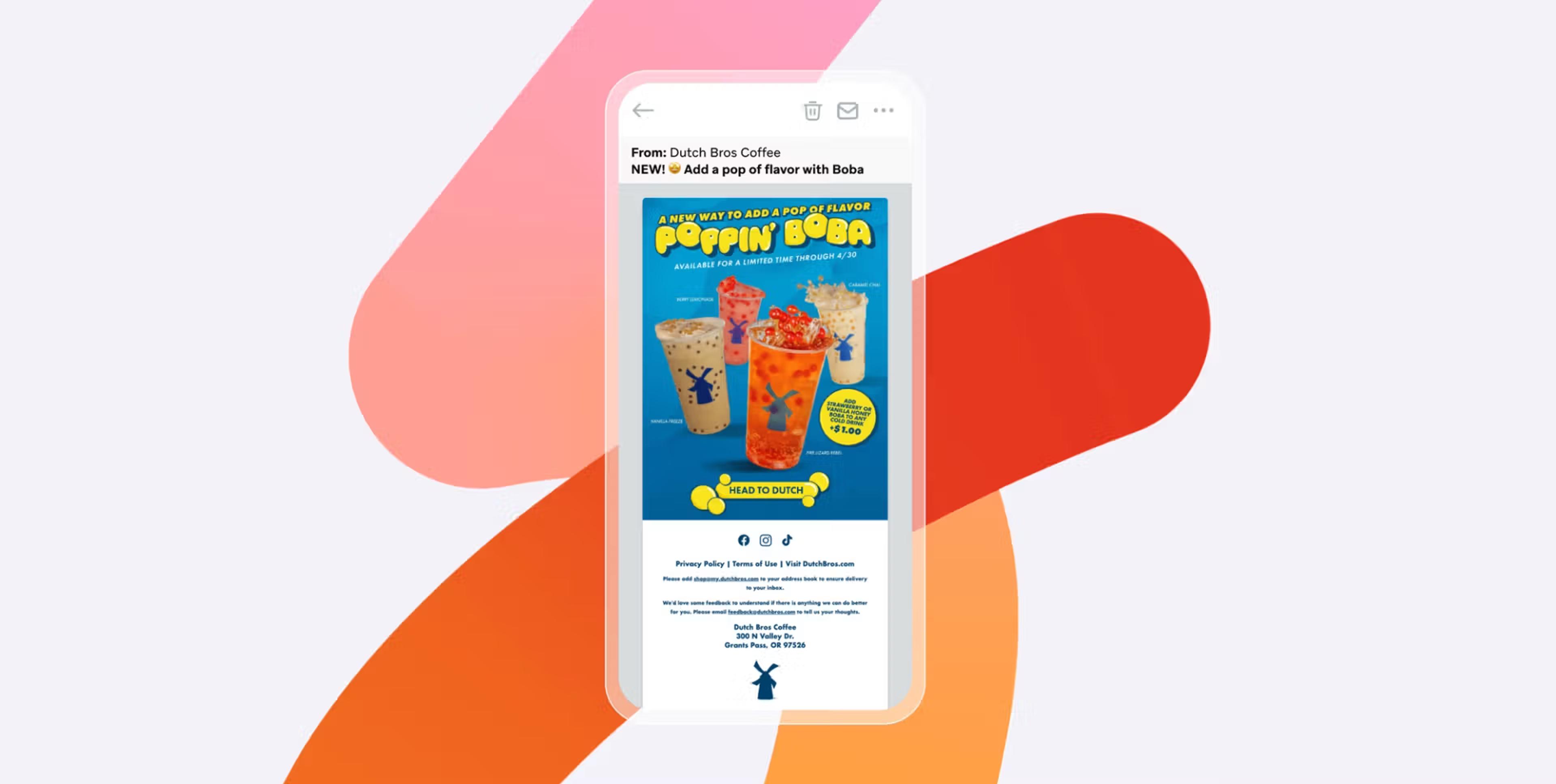 A smartphone displays a Dutch Bros Coffee promotional email for Poppin’ Boba drinks against a colorful abstract background.