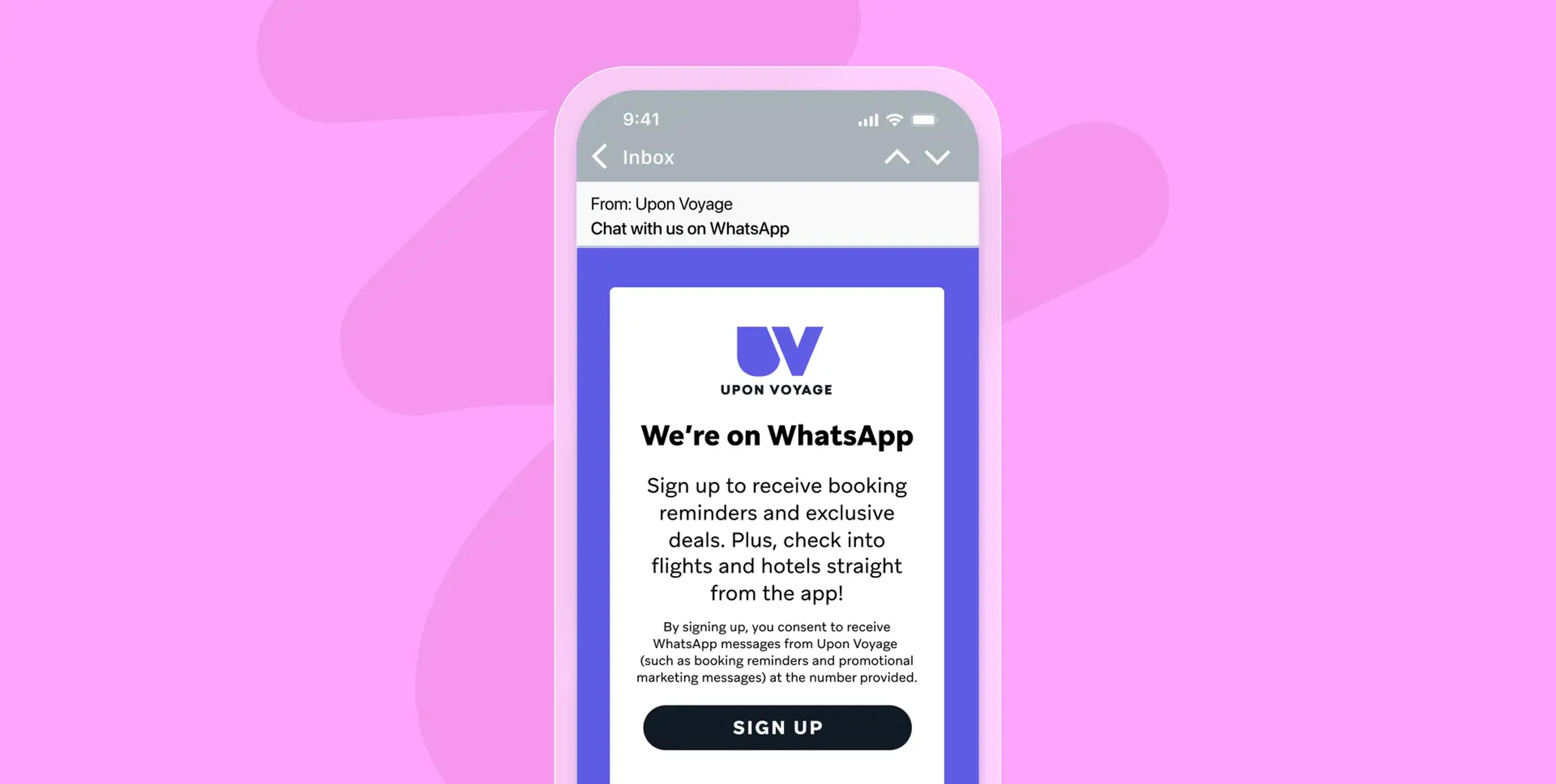 Promoção de cadastro para receber ofertas e check-in via WhatsApp.