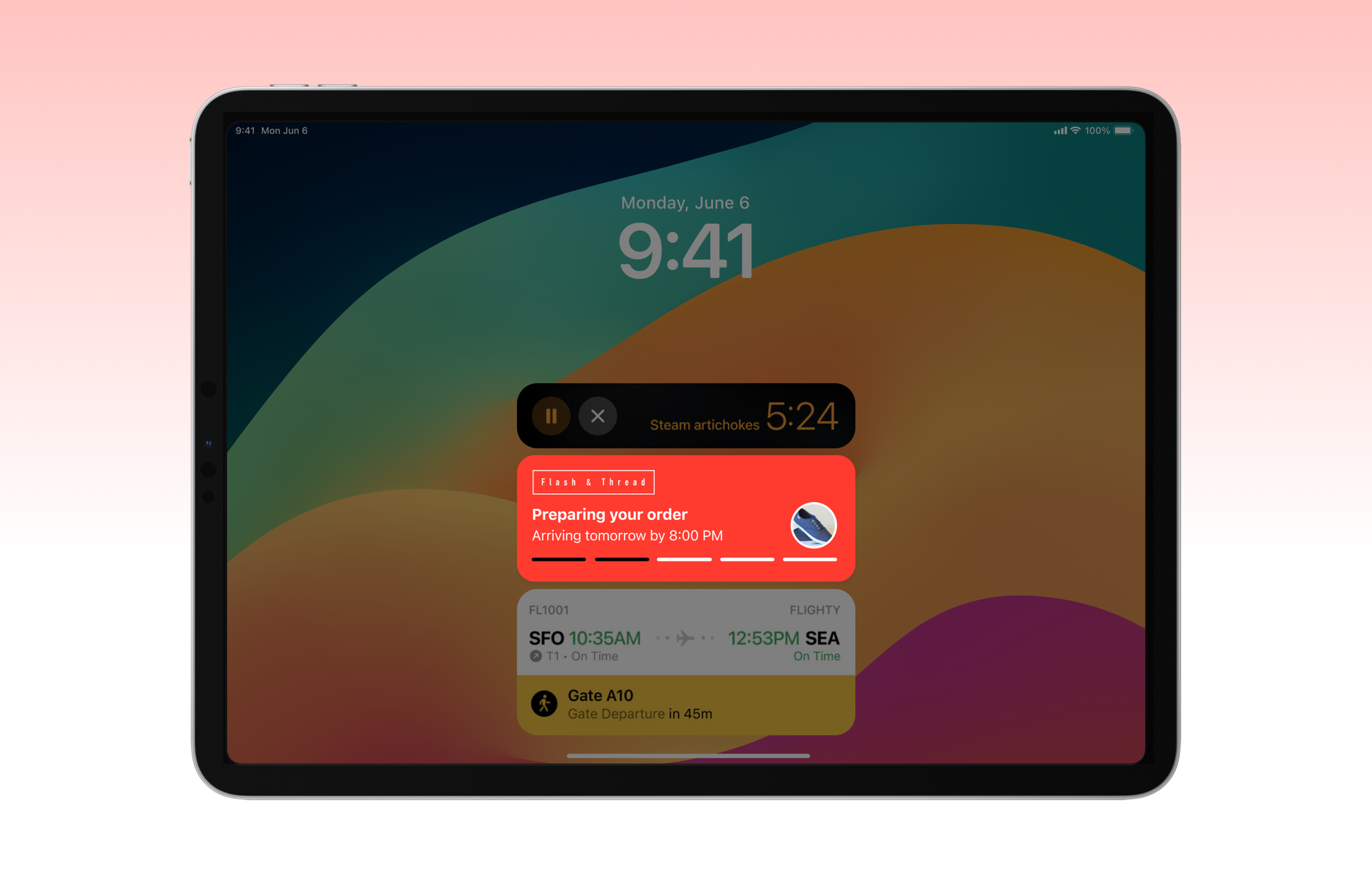 A tablet screen displaying a flight status notification for an order being prepared, with details about the flight and estimated arrival time. The background features a gradient design.
